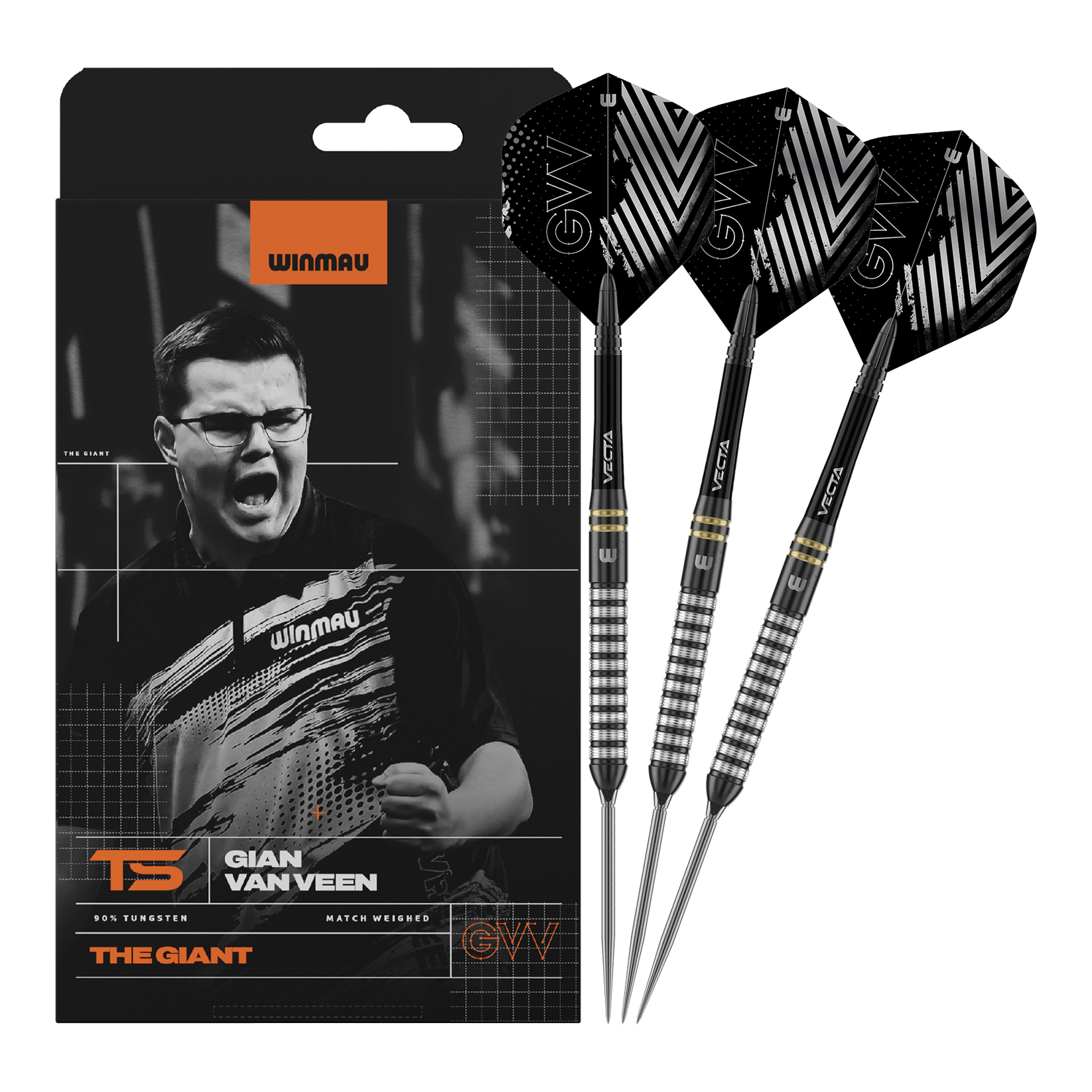 Abgebildet ist Winmau Gian Van Veen TS Switch Point Steeldarts. Die Darts sind vollständig nebeneinander dargestellt.