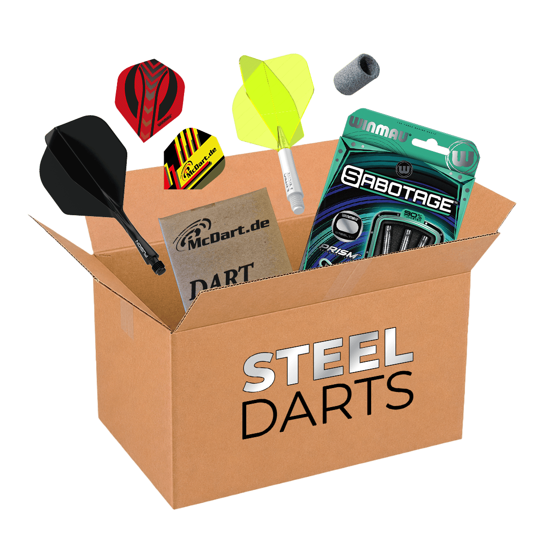 McDartova záhadná krabička - Steeldarts Auf dem Bild befindet sich die McDart Mystery-Box - Steeldarts. Die Box beinhaltet verschiedene Steeldarts und Zubehör.