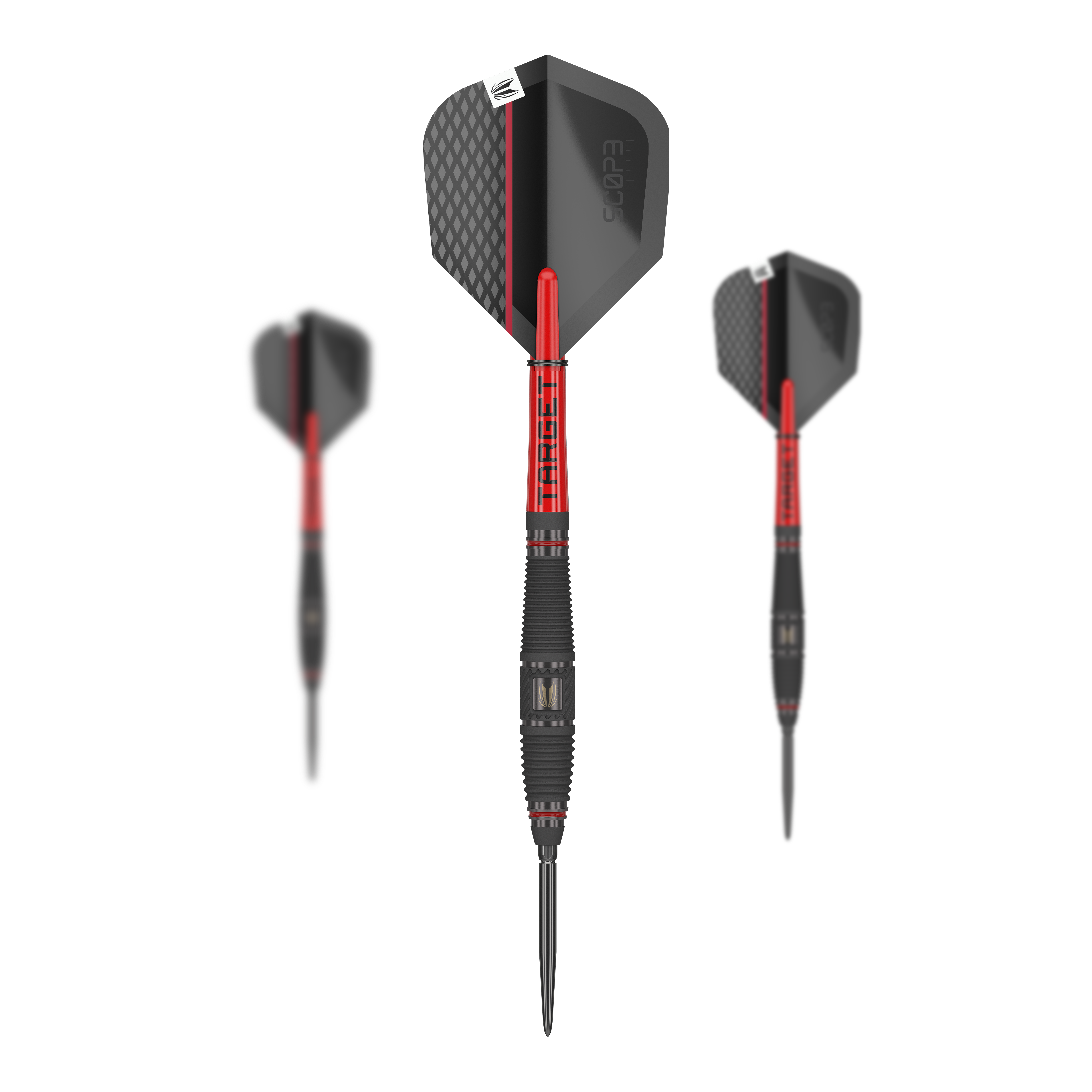 Ocelové šipky Target Scope 03 Swiss Point Das Bild zeigt drei Steeldarts des Produkts "Target Scope 03 Swiss Point". Die Darts sind schwarz und rot gestaltet und haben ein modernes, sportliches Design.