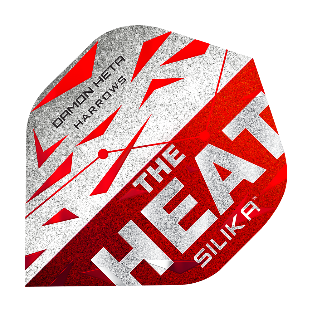 Lety Harrow's Silika Damon Heta Series 3 Das Bild zeigt ein Dart-Flugblatt mit dem Namen "Harrows Silika Damon Heta Series 3 Flights". Es ist in den Farben Rot, Weiß und Silber gestaltet und trägt die Aufschrift "THE HEAT SILIKA" sowie "DAMON HETA HARROWS".