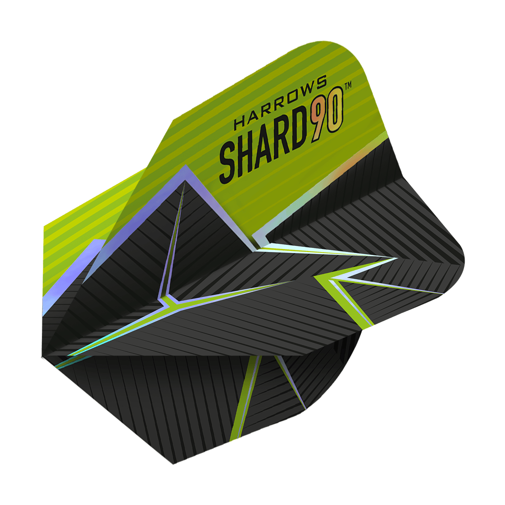 Lety Harrows Prime Shard č. 6 Das Bild zeigt das Produkt "Harrows Prime Shard No6 Flights". Die Flights haben ein modernes Design in Schwarz mit grünen und gelben Akzenten sowie geometrischen Mustern.