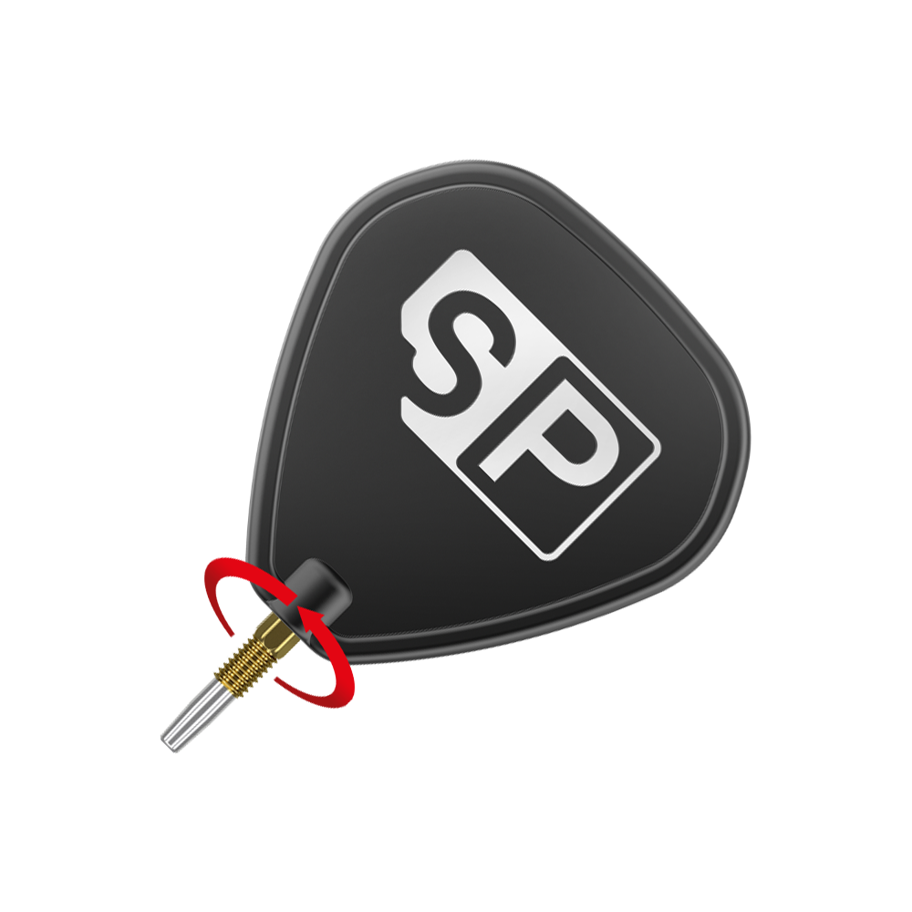 Nano šipkové hroty Swiss Point – zlaté Das Bild zeigt eine schwarze Dart-Flight mit der weißen Aufschrift "SP". Unten ist eine goldfarbene Dartspitze mit silberner Spitze zu sehen.