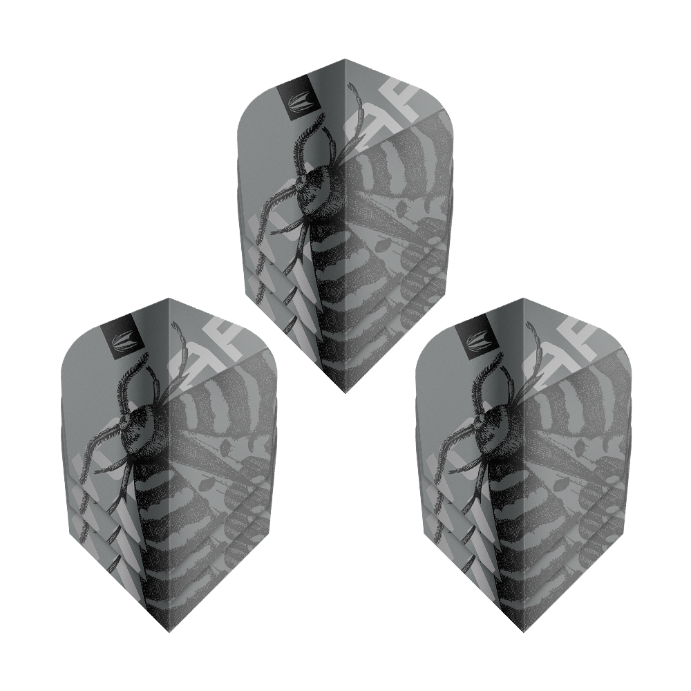 Letky Target Pro Ultra Volar Ten-X - 3 sady Das Bild zeigt drei Sets der Target Pro Ultra Volar Ten-X Flights. Die Flights haben ein auffälliges, schwarz-graues Design mit einem Insektenmotiv.
