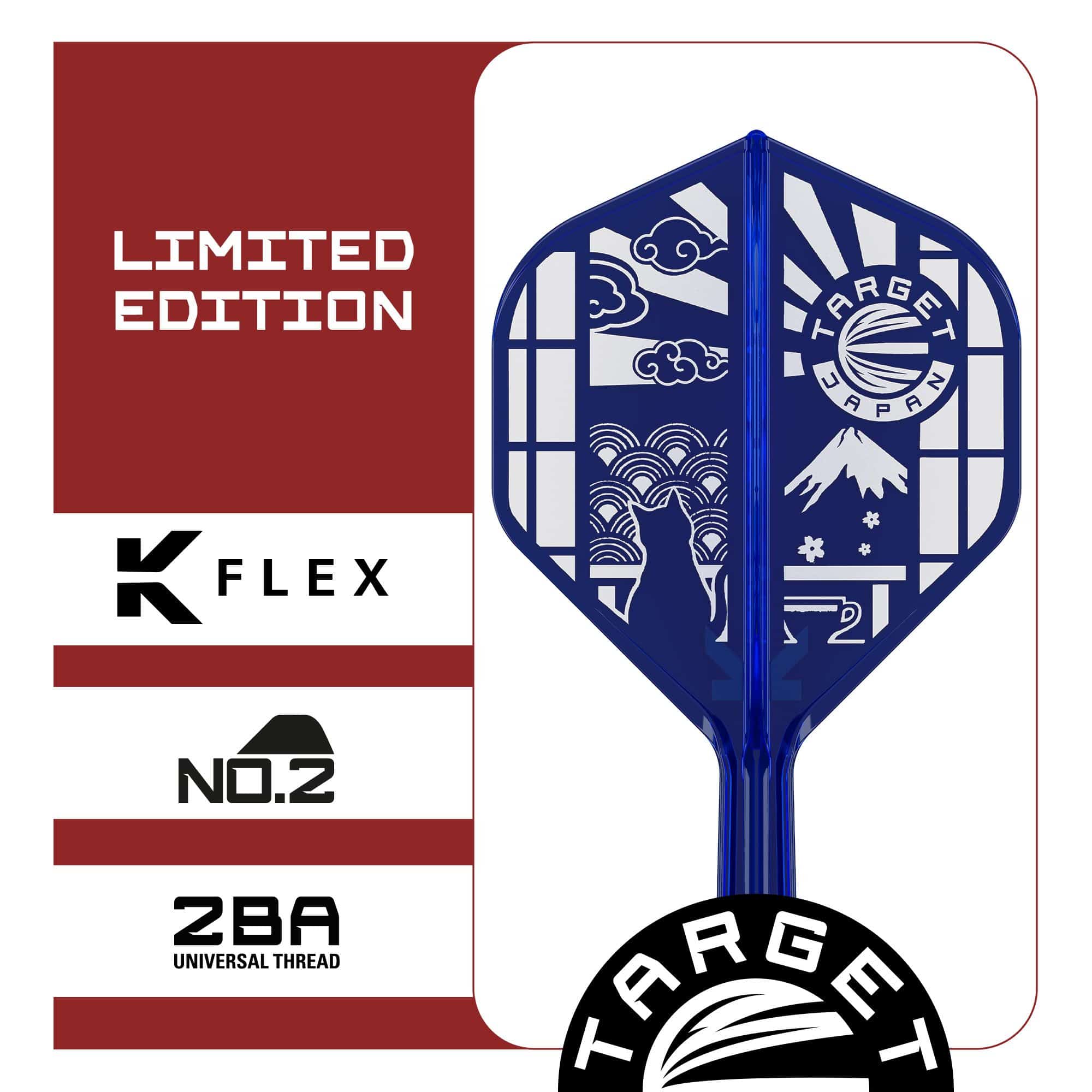 Standardní lety Target Japan K-Flex Blue Limited č. 2 Dieses Bild zeigt die Target Japan K-Flex Blue Limited No2 Standard Flights. Die Flights sind in blauer Farbe gestaltet.