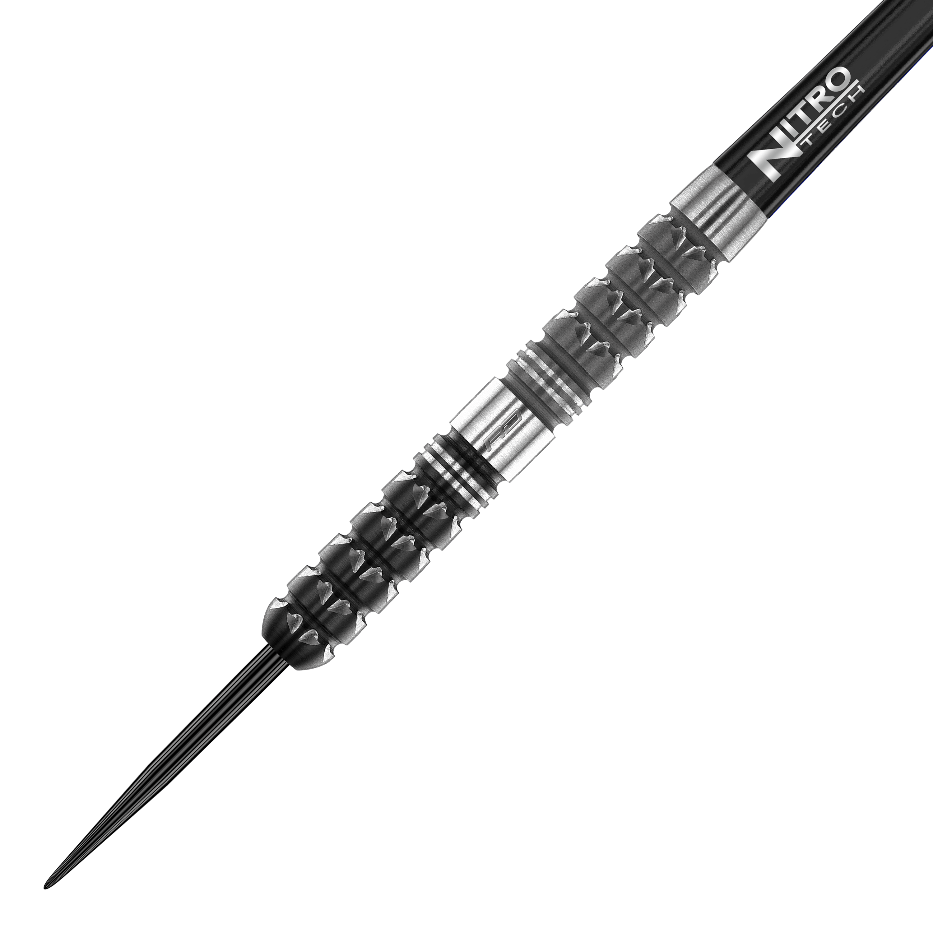 Šipky Red Dragon Paradym Tapered Steel Auf dem Bild ist ein Red Dragon Paradym Tapered Steeldart zu sehen. Der Dart hat ein schwarz-silbernes, strukturiertes Griffstück und eine spitze Metallspitze.