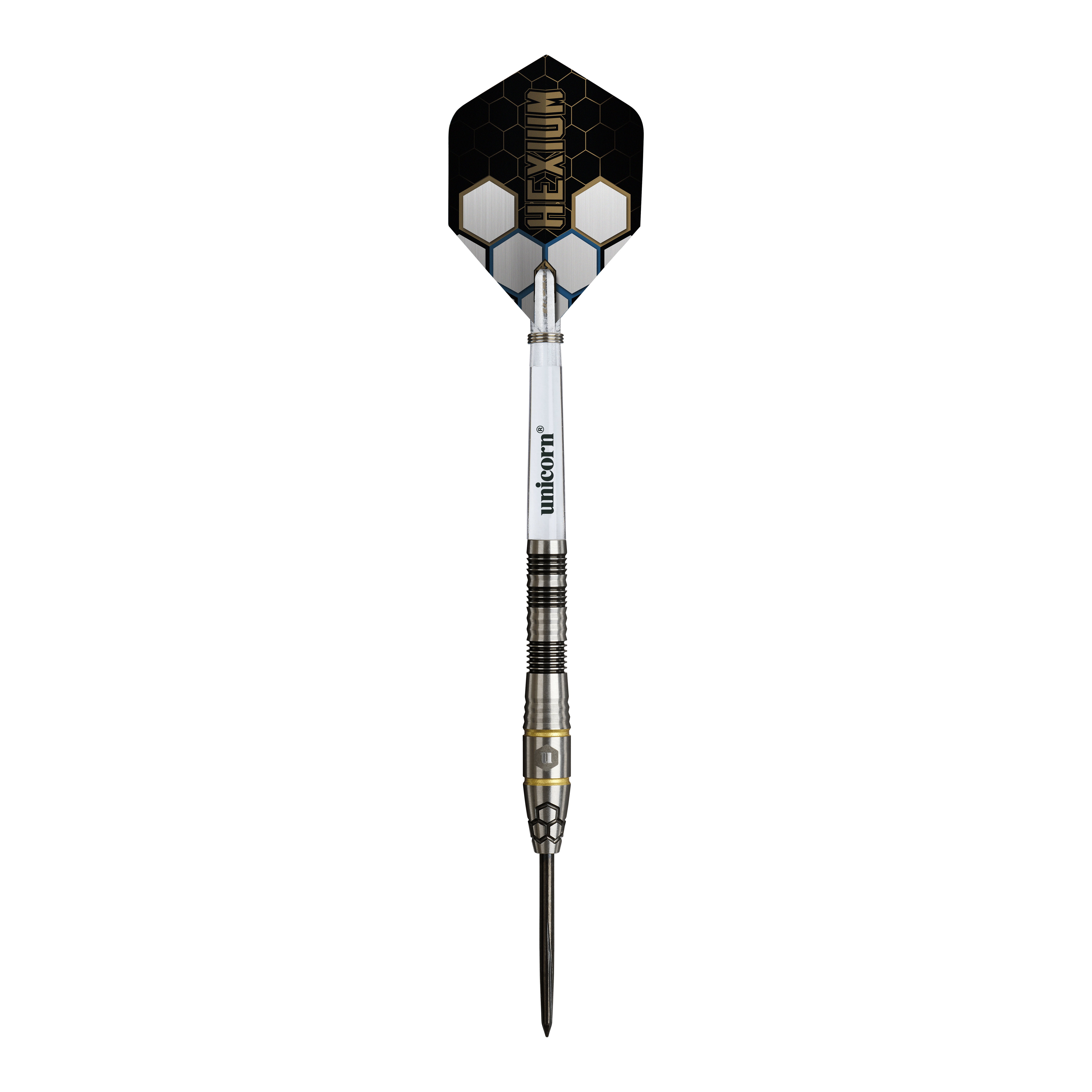 Ocelové šipky Unicorn Hexium Style 01 Černé a zlaté Dieses Bild zeigt die Unicorn Hexium Style 01 Black & Gold Steeldarts. Die Steeldarts sind in den Farben Schwarz und Gold gestaltet.