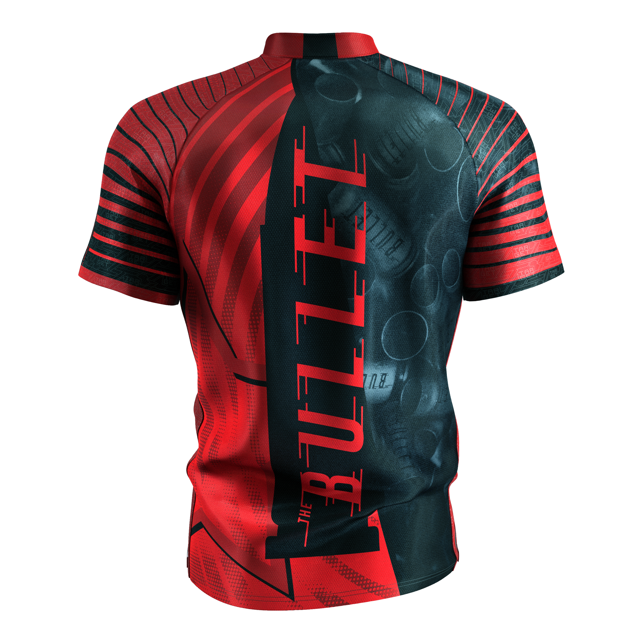 Tričko Target Coolplay Stephen Bunting 2025 s motivem šipky Das Bild zeigt das "Target Coolplay Stephen Bunting 2025 Dartshirt" von hinten. Das Shirt ist überwiegend rot und schwarz und trägt den Schriftzug "THE BULLET" auf dem Rücken.