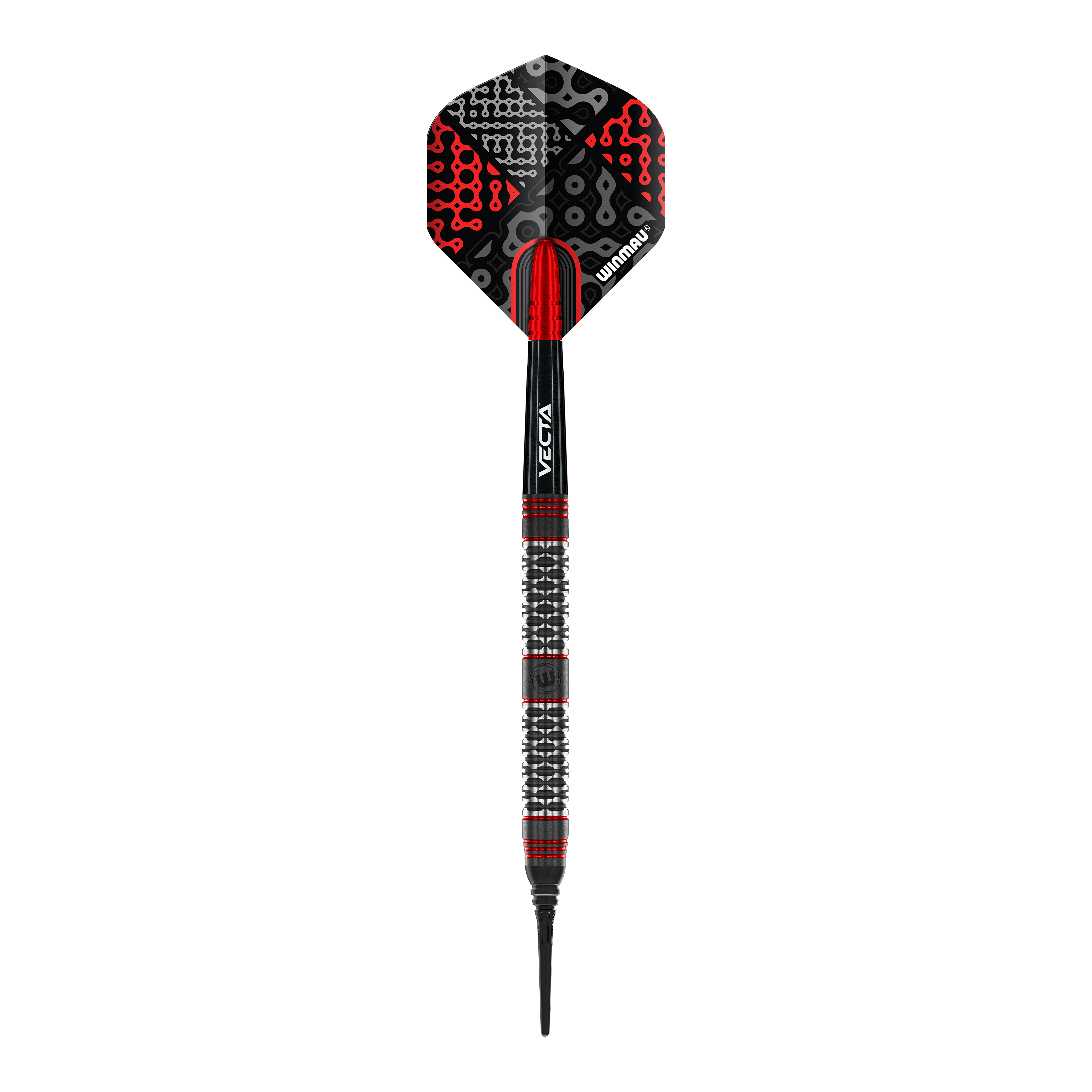 Šipky Winmau Cypher Softdarts - 20g Das Bild zeigt einen Winmau Cypher Softdart mit einem Gewicht von 20 Gramm. Der Dart hat ein modernes Design in Schwarz, Rot und Silber.