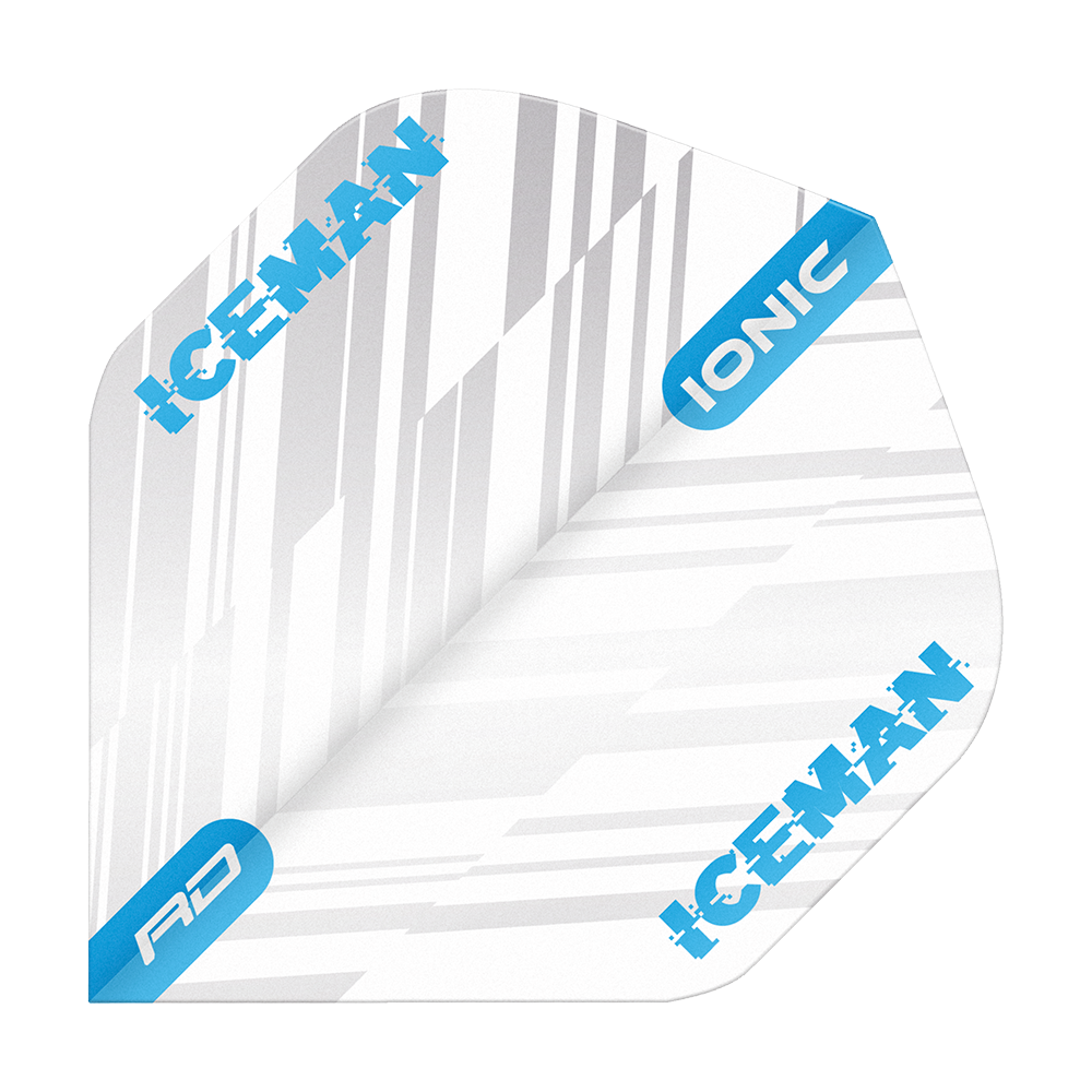 Das Bild zeigt ein weißes Dart-Flight mit blauen Streifen und Schriftzügen. Auf dem Flight stehen die Wörter "ICEMAN", "IONIC" und "RD" in blauer Farbe.