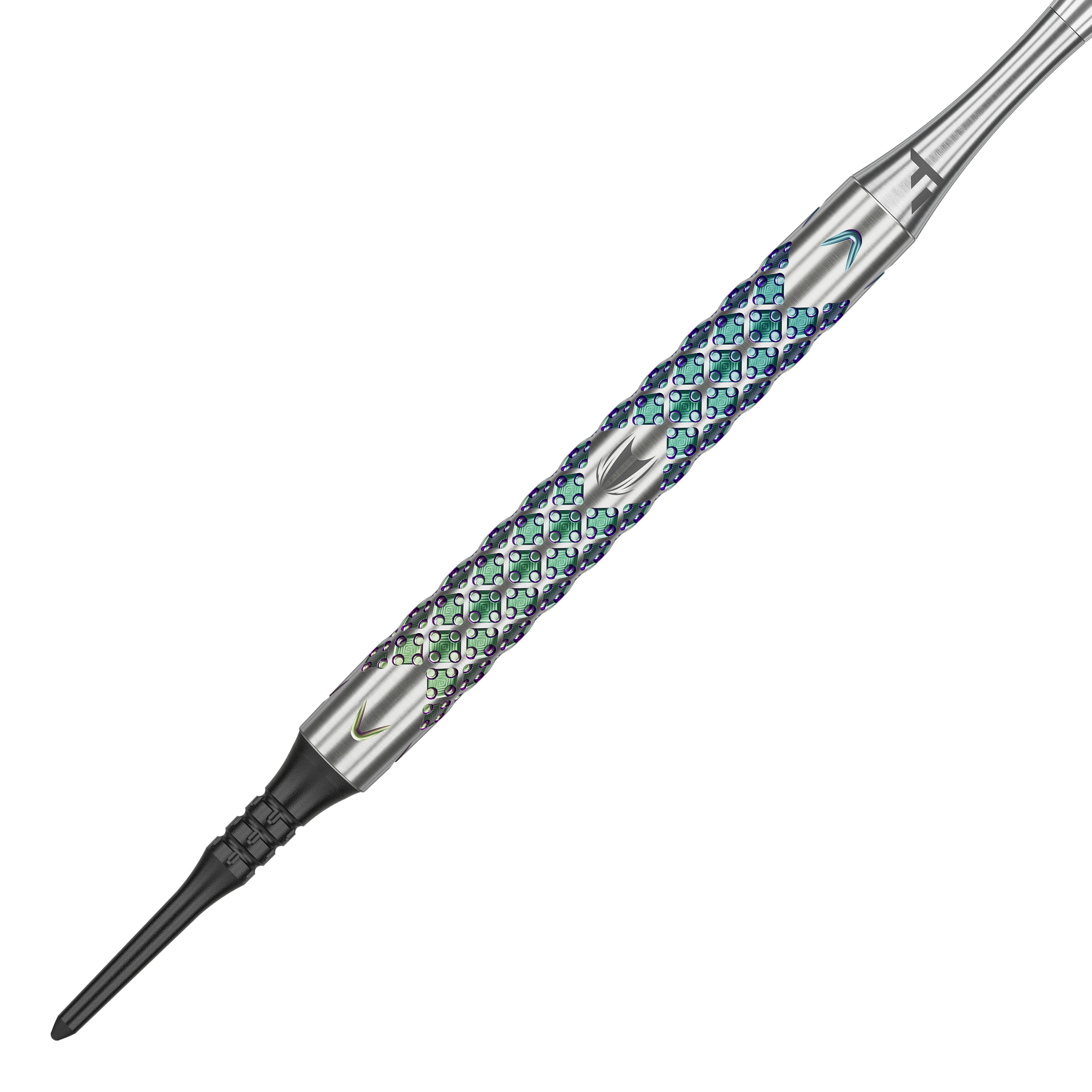 Target Rove 10 měkkých šipek Das Bild zeigt einen Target Rove 10 Softdart mit einem metallischen, bunt schimmernden Griff. Das Design weist eine strukturierte Oberfläche mit feinen Mustern auf.