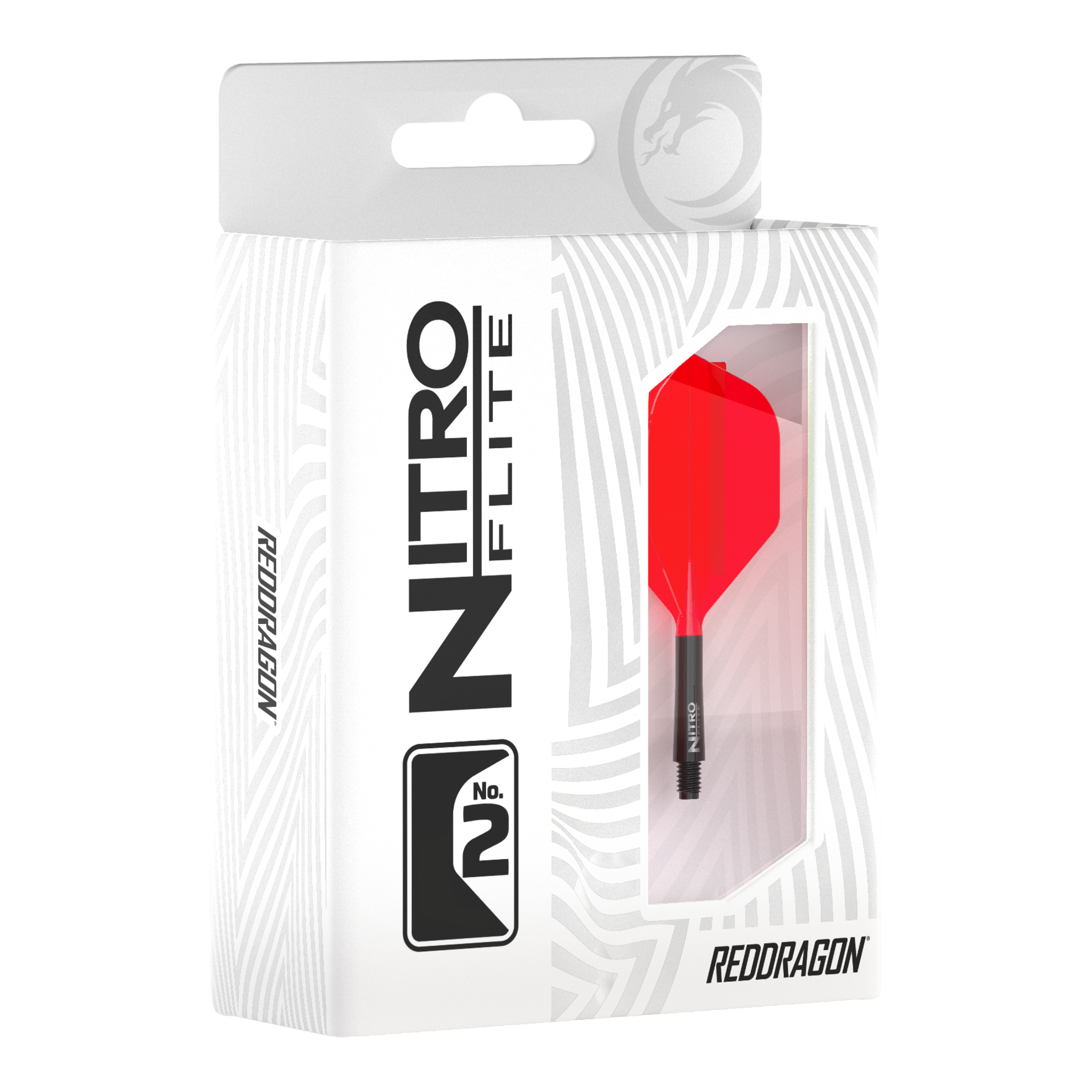 Das Bild zeigt die Red Dragon Nitro Flite - Black Shaft Red No2 Flights. Es handelt sich um rote und schwarze Dart-Flights mit einem schwarzen Schaft.