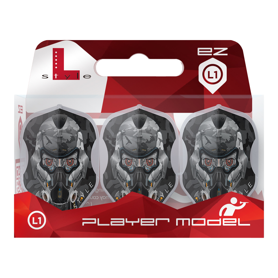 Die Abbildung zeigt die "L-Style Berry Van Peer V4 Type D Clear White L1EZ Flights" in einer Verpackung mit drei Flights. Das Design auf den Flights zeigt ein futuristisch wirkendes Masken- oder Helmmotiv in Grau und Schwarz.