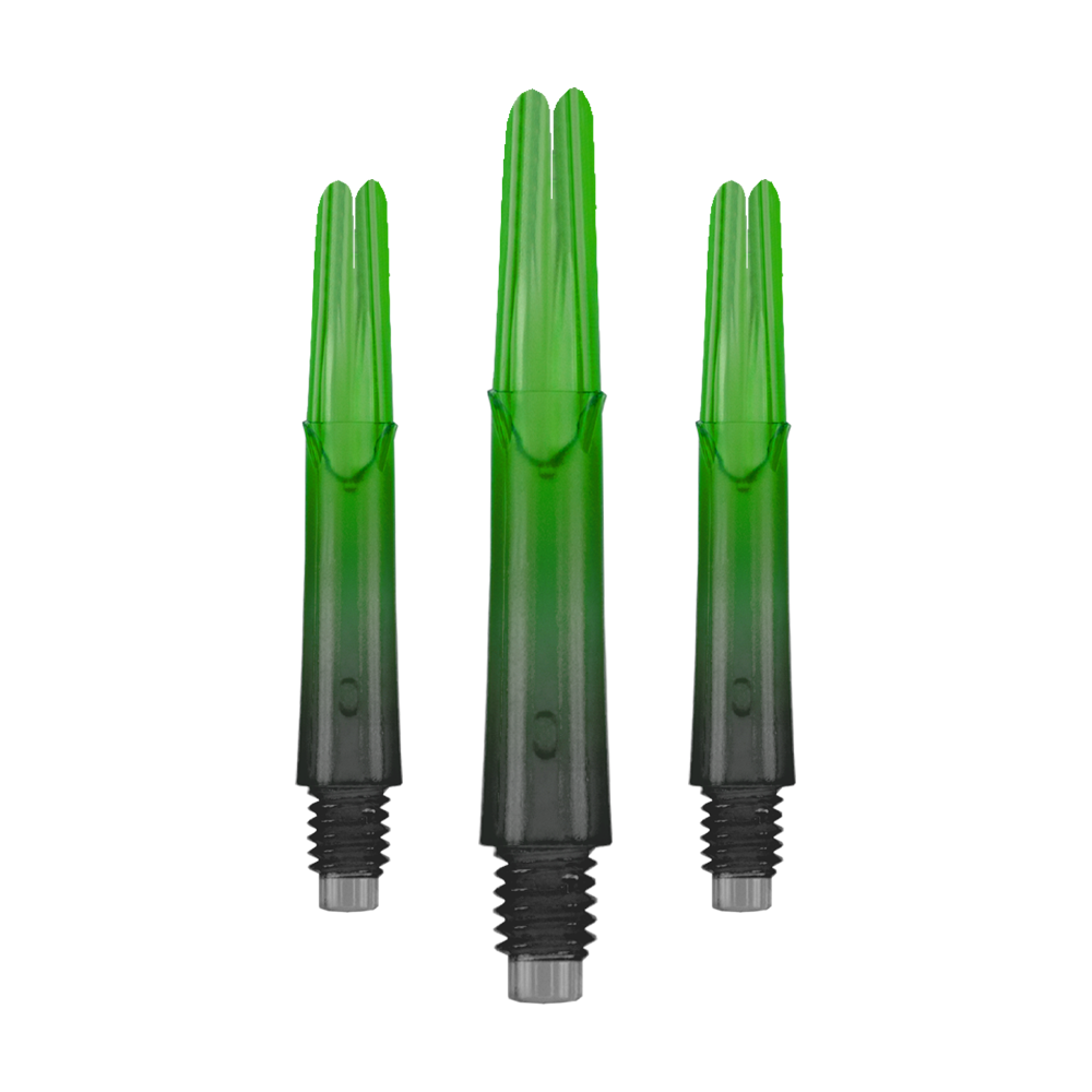 Das Bild zeigt drei grüne, transparente Dartschäfte mit Gewinde am unteren Ende. Die Schäfte sind gerade und haben einen leichten Farbverlauf von grün zu schwarz.