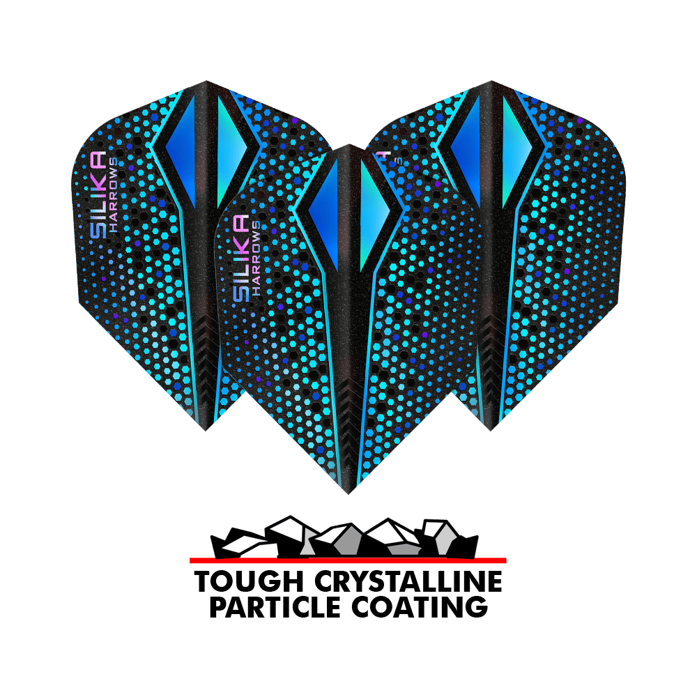 Das Bild zeigt drei blaue Harrows Silika Colourshift Tough Crystalline Coating Blue-X No6 Flights. Darunter steht der Schriftzug "Tough Crystalline Particle Coating" mit einer Grafik von Kristallteilchen.