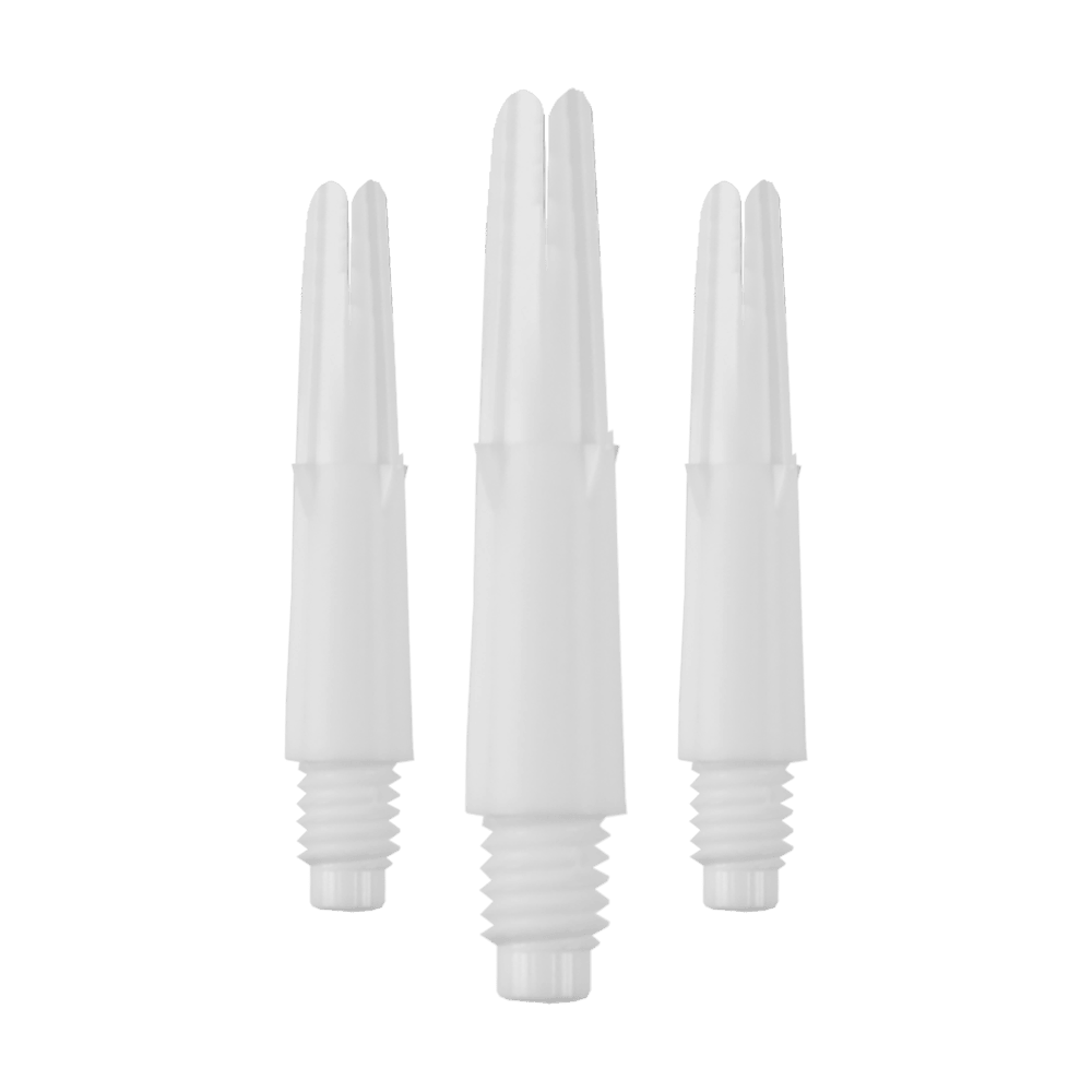 L-L-Style-Shafts Uzamčené rovné - Bílé Das Bild zeigt drei gerade, weiße Dartschäfte mit Gewinde. Sie sind ohne Kappen und in unterschiedlichen Längen angeordnet.