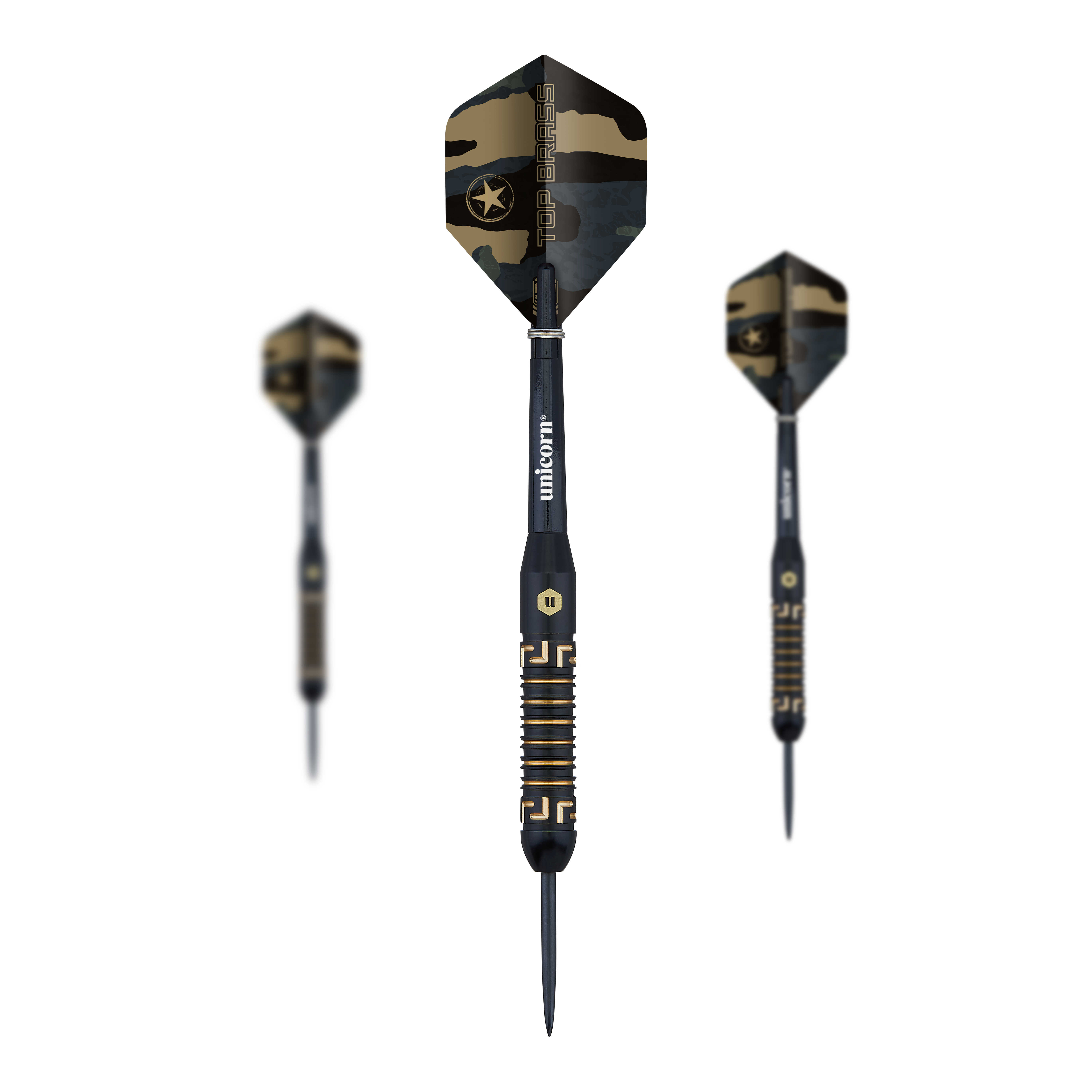 Ocelové šipky Unicorn Top Brass V1 - 20g Das Bild zeigt drei Steeldarts des Produkts "Unicorn Top Brass V1" mit einem Gewicht von 20g. Die Darts haben ein schwarzes und goldenes Design mit Camouflage-Flights.