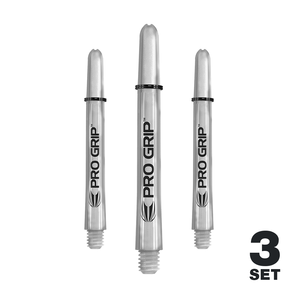 Target Pro Grip Shafts - 3 sady - Transparentní Das Bild zeigt drei transparente "Pro Grip" Shafts für Dartpfeile. In der rechten unteren Ecke steht "3 Set".