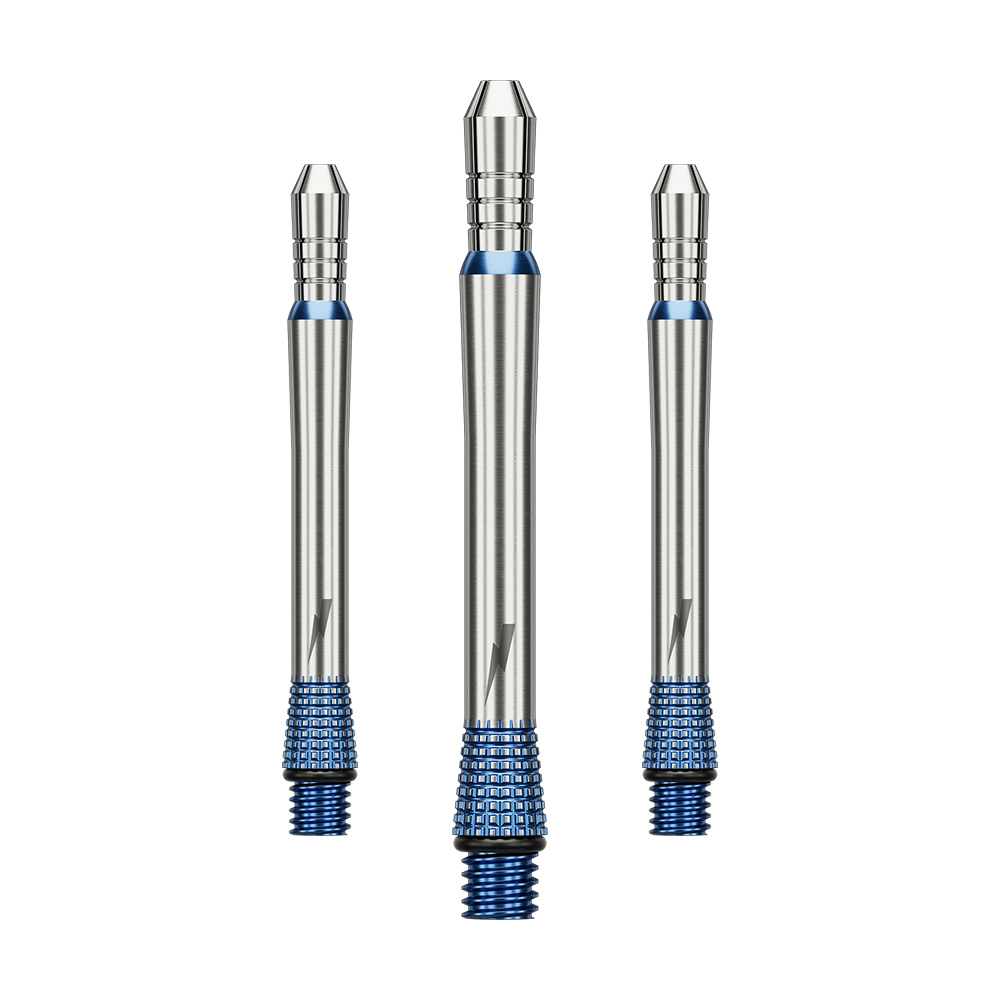 Das Bild stellt ein Set von Target Phil Taylor Power Gx2 Titanium Shafts mit 34,3 mm Länge dar. Diese Shafts sind speziell für Dartspieler gedacht.
