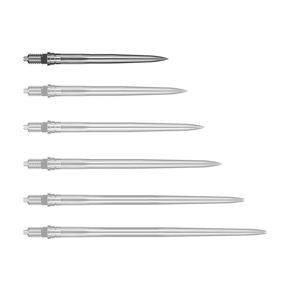 Špičky šipek Caliburn EZ-EVO - hladké - stříbrné Abgebildet wird eine weitere glatte silberne Dartspitze, vermutlich in einer anderen Perspektive. Die Spitze scheint aus Metall zu bestehen.