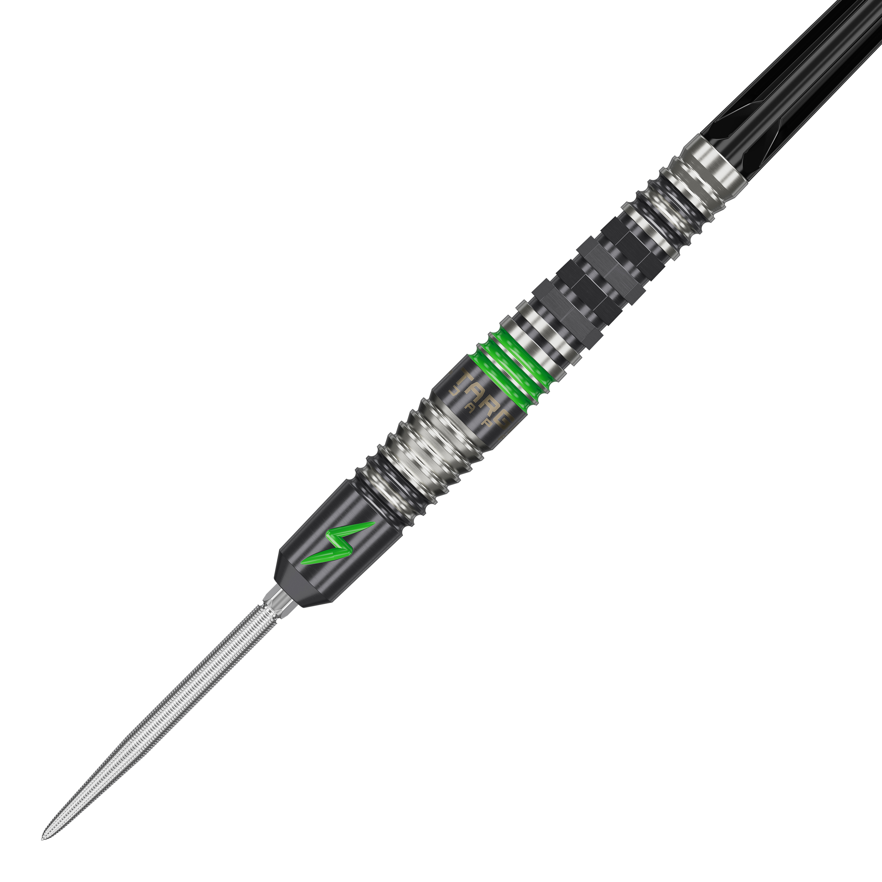 Ocelové šipky Target Japan Black Marque Lightning 3 SP Das Bild zeigt einen Target Japan Black Marque Lightning 3 SP Steeldart. Der Dartpfeil hat ein modernes Design mit schwarzen und silbernen Elementen sowie auffälligen grünen Akzenten.