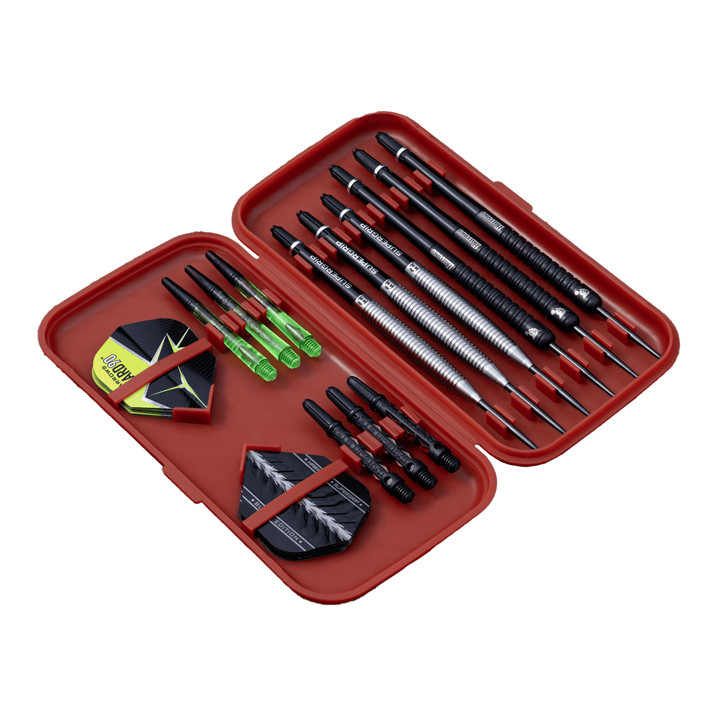 Pouzdro na šipky Harrows Slimcase Das Bild zeigt ein rotes Dart-Etui, das verschiedene Darts und Zubehör enthält. Im Etui sind mehrere Dartpfeile, Flights und Ersatzteile ordentlich angeordnet.
