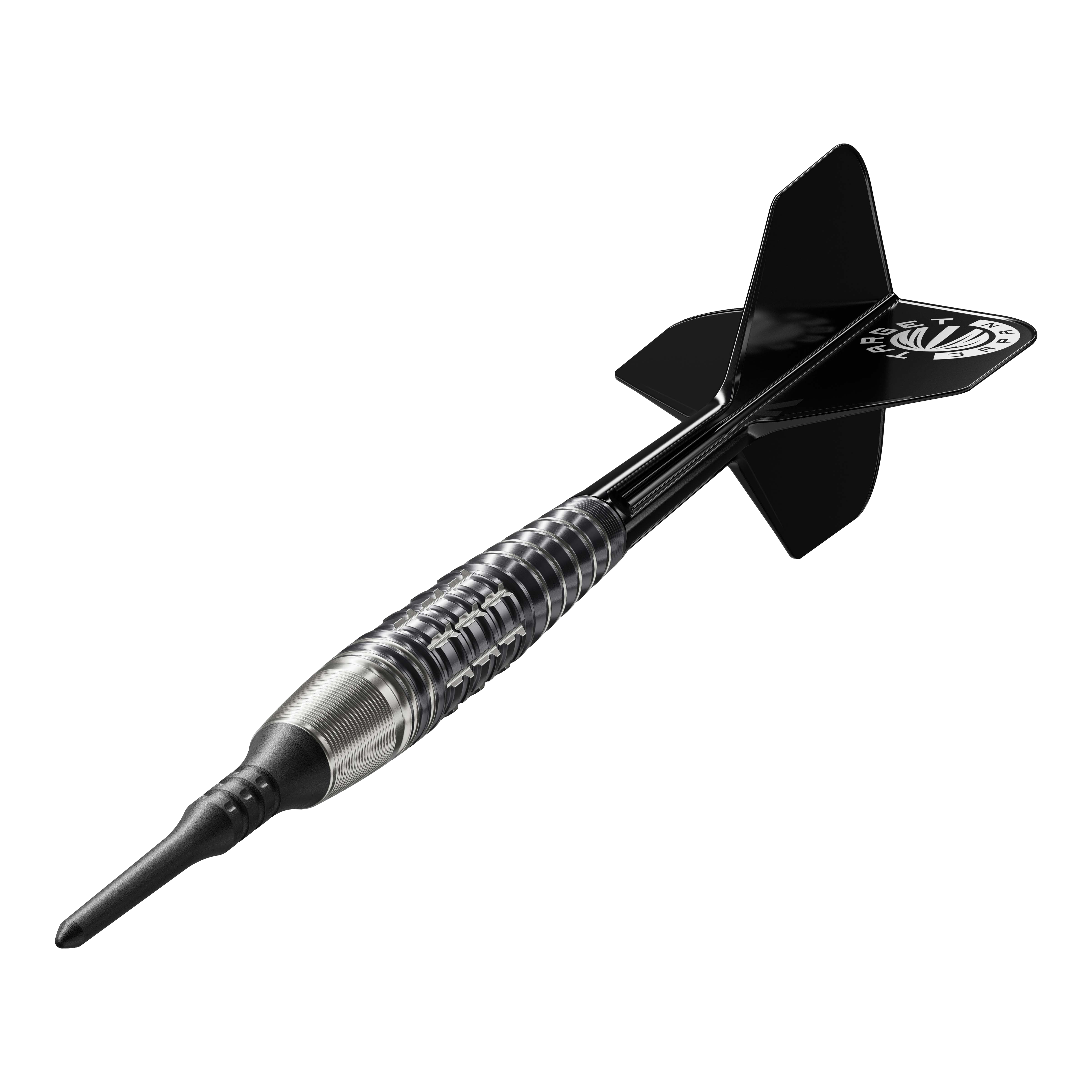 Target Japan Prime Series Harold Ching GEN1 Zenith MAX šipky s měkkým hrotem - 21g Das Bild zeigt einen Softdart aus der Serie "Target Japan Prime Series Harold Ching GEN1 Zenith MAX" mit einem Gewicht von 21g. Der Dart hat ein schwarz-silbernes Design mit schwarzen Flights.