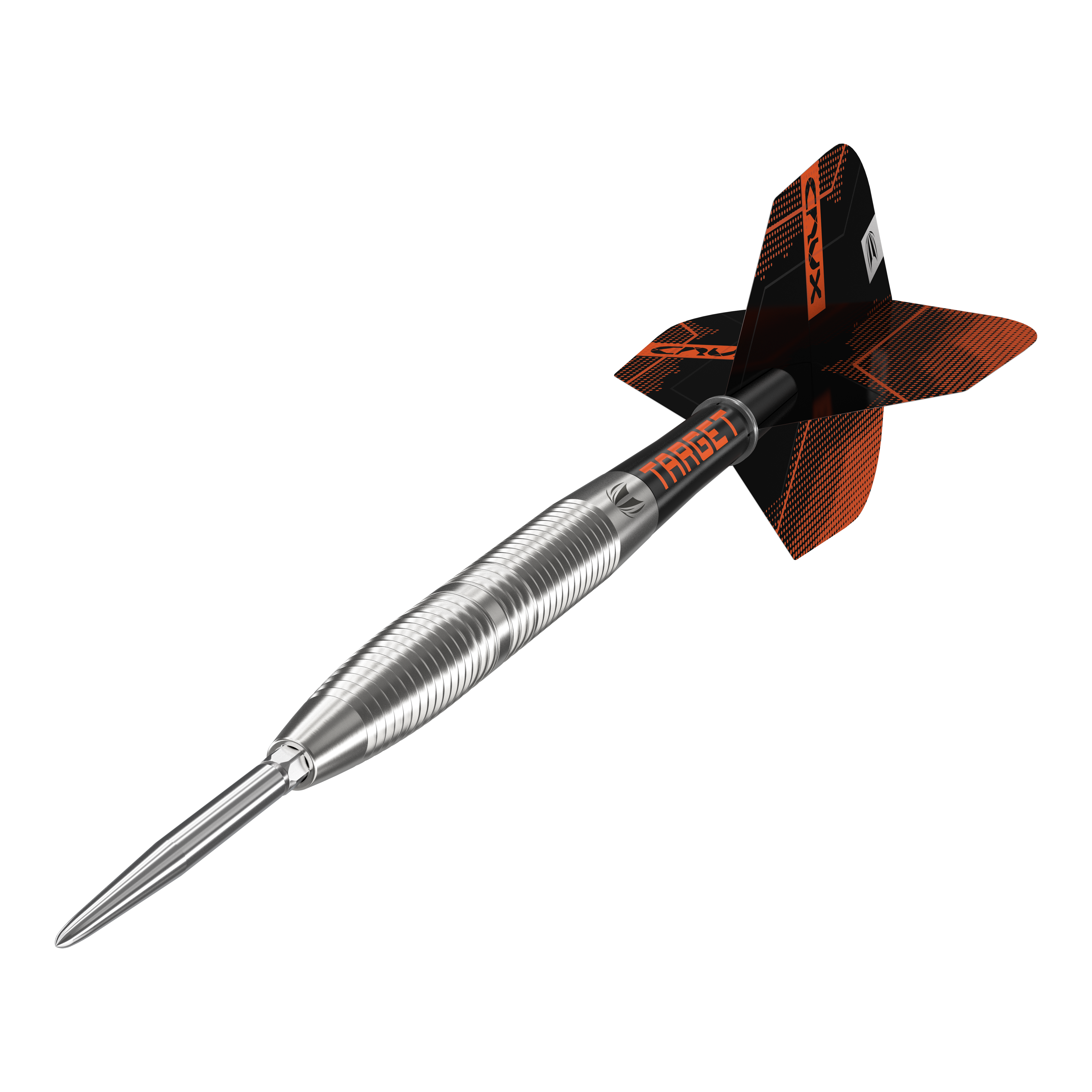 Target Crux 02 Swiss Point Steeldarts Das Bild zeigt einen Target Crux 02 Swiss Point Steeldart. Der Dart hat einen silbernen, gerillten Schaft und schwarze Flights mit orangefarbenem Design.