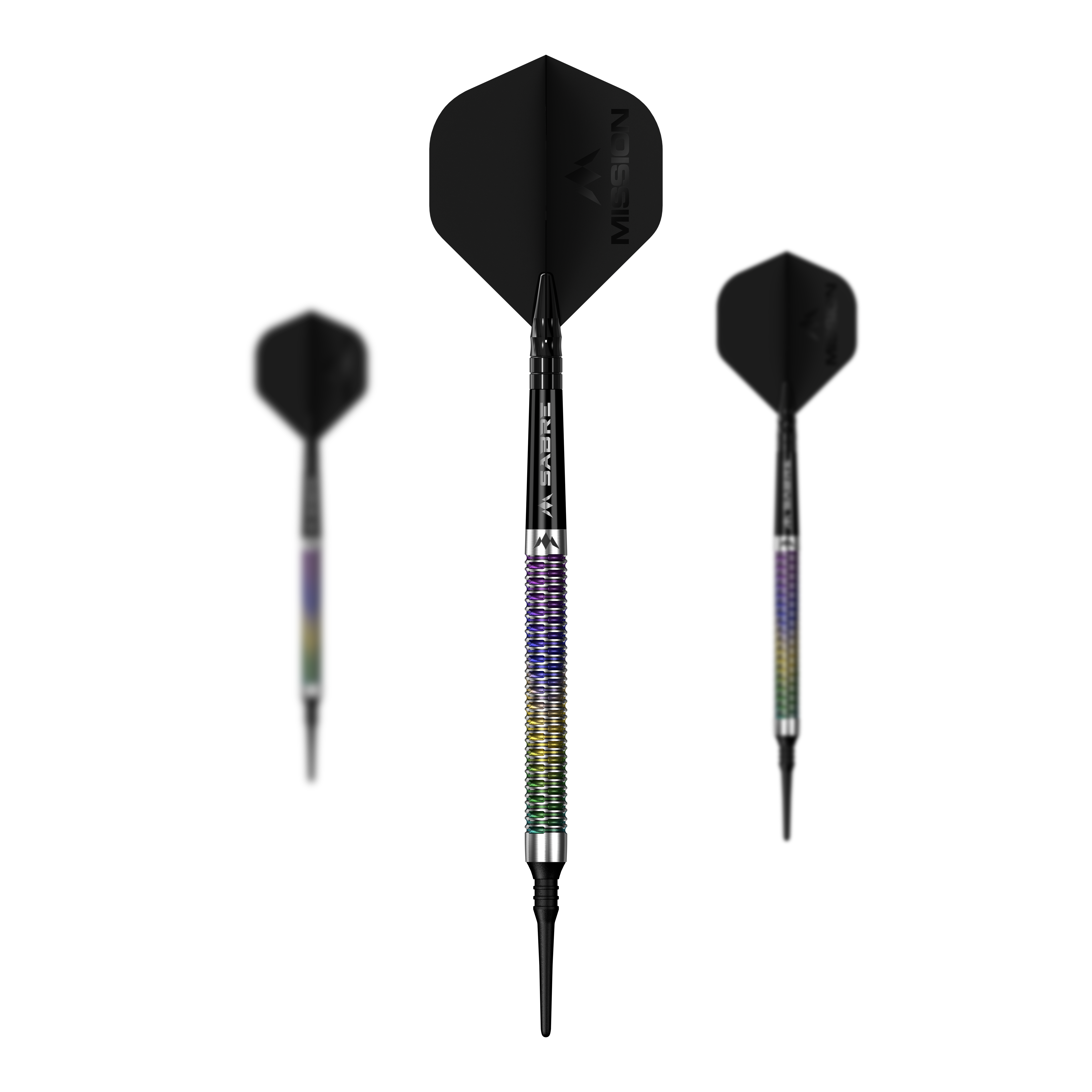 Měkké šipky Mission Kaleidos - 19g Mission Kaleidos Softdarts - 19g wird als Set auf dem Bild präsentiert. Mehrere Softdarts sind nebeneinander angeordnet.