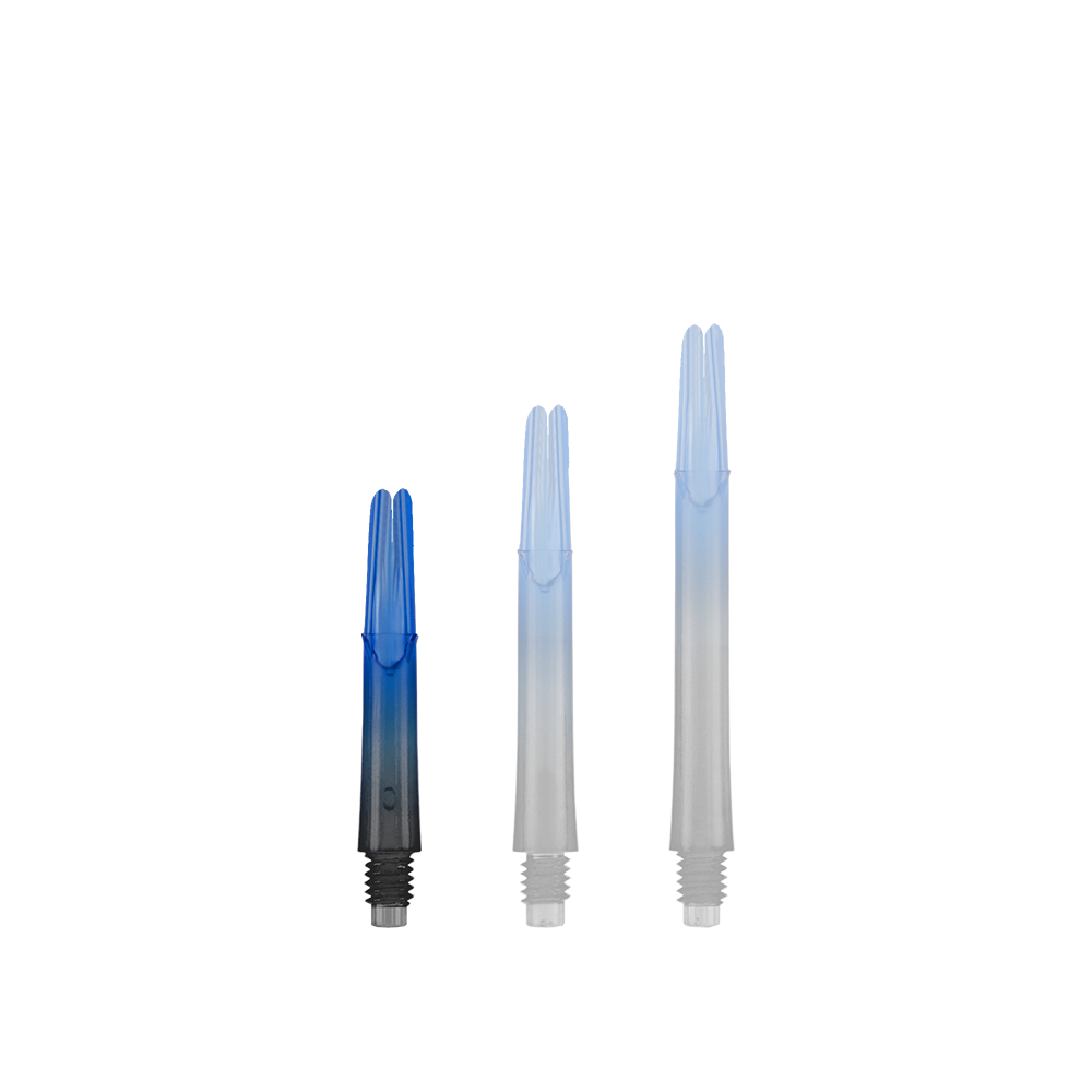 L-L-Style-Shaft Locked Straight Natural9 TwoTone Shafts - Blau Das Bild zeigt drei unterschiedlich lange Dartschäfte in Blau und Schwarz. Sie stehen nebeneinander und haben ein gerades Design ohne Kappen.