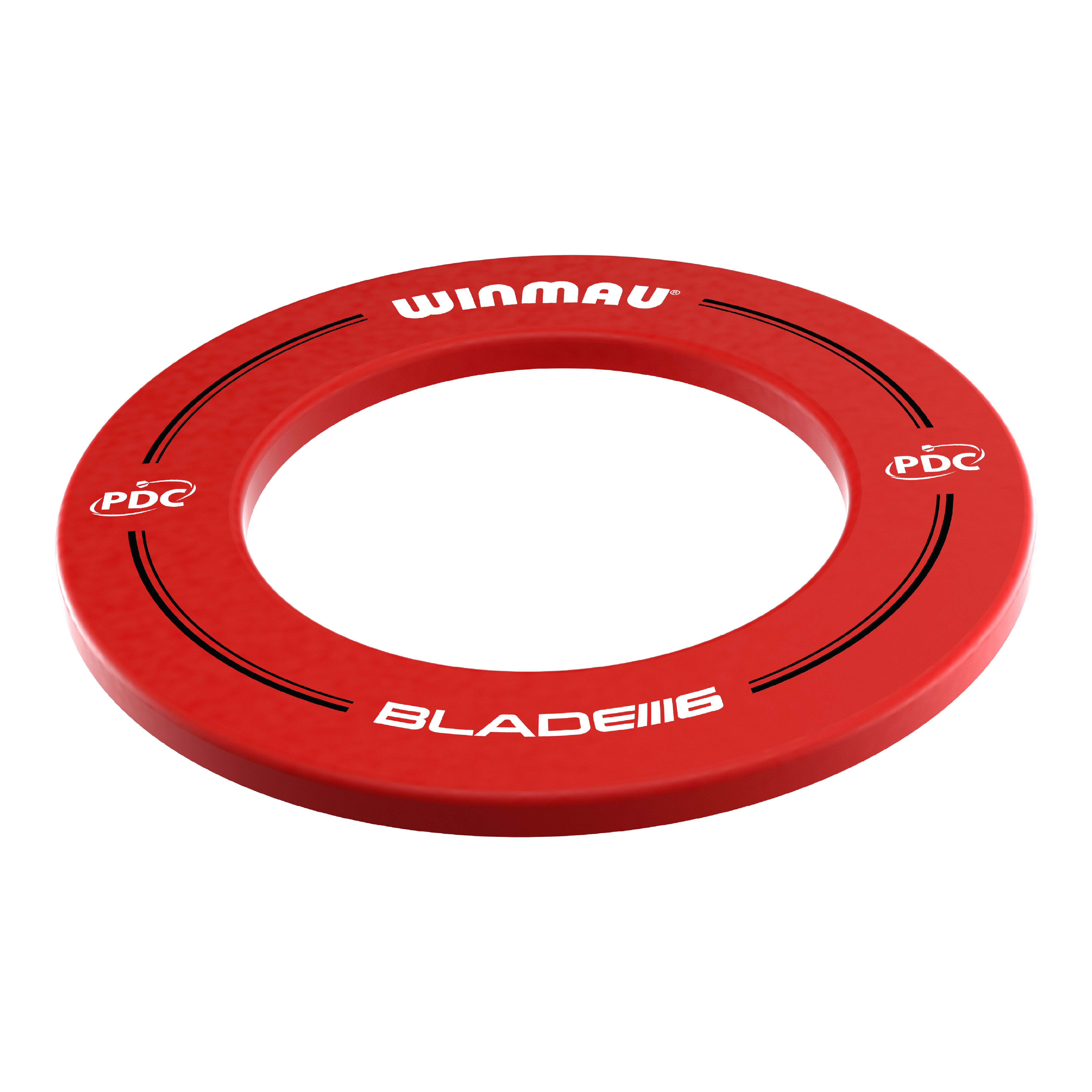 Winmau PDC Dartboard Surround - Rot Das Bild zeigt einen roten Dartboard-Surround der Marke Winmau. Auf dem Surround stehen die Aufschriften „WINMAU“, „PDC“ und „BLADE 6“.