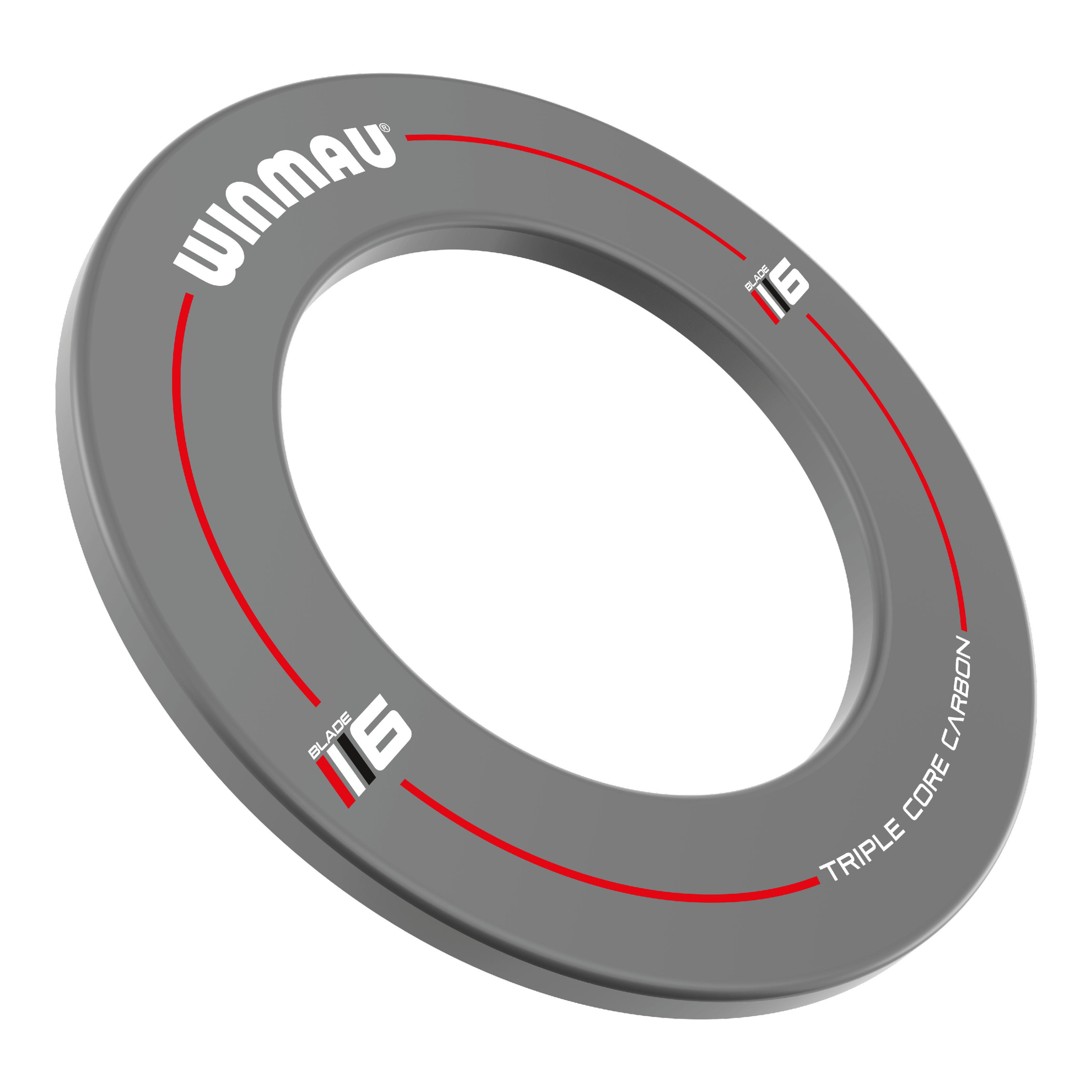 Winmau Blade 6 Design Dartboard Surround - Grau Das Bild zeigt das Winmau Blade 6 Design Dartboard Surround in Grau. Der graue Schutzring ist mit weißen und roten Akzenten sowie Schriftzügen versehen.
