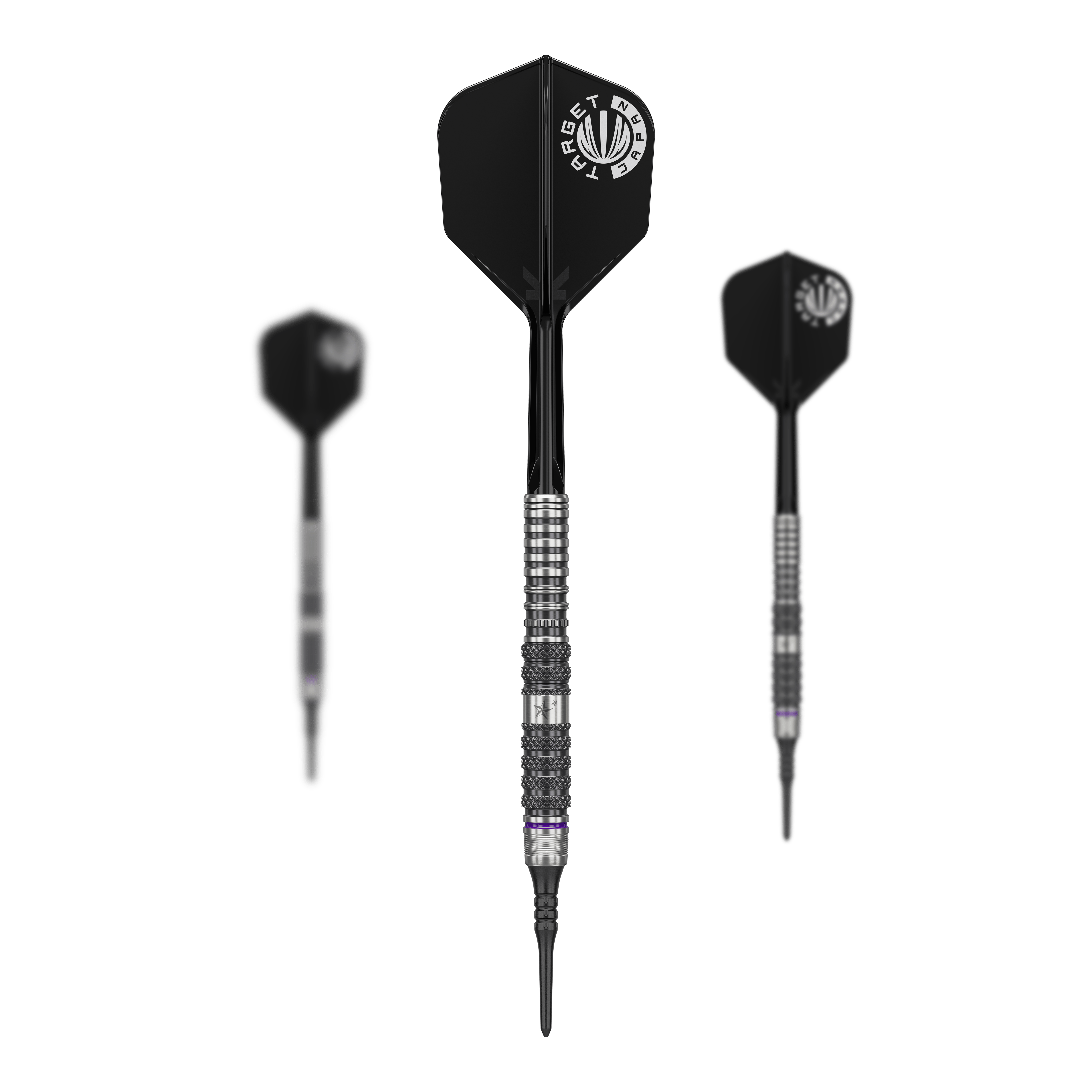 Měkké šipky Target Japan Yuta Hayashi Sirius GEN3 - 19g Das Bild zeigt drei Softdarts des Modells "Target Japan Yuta Hayashi Sirius GEN3 - 19g". Die Darts haben schwarze Flights und silberne, geriffelte Barrels.