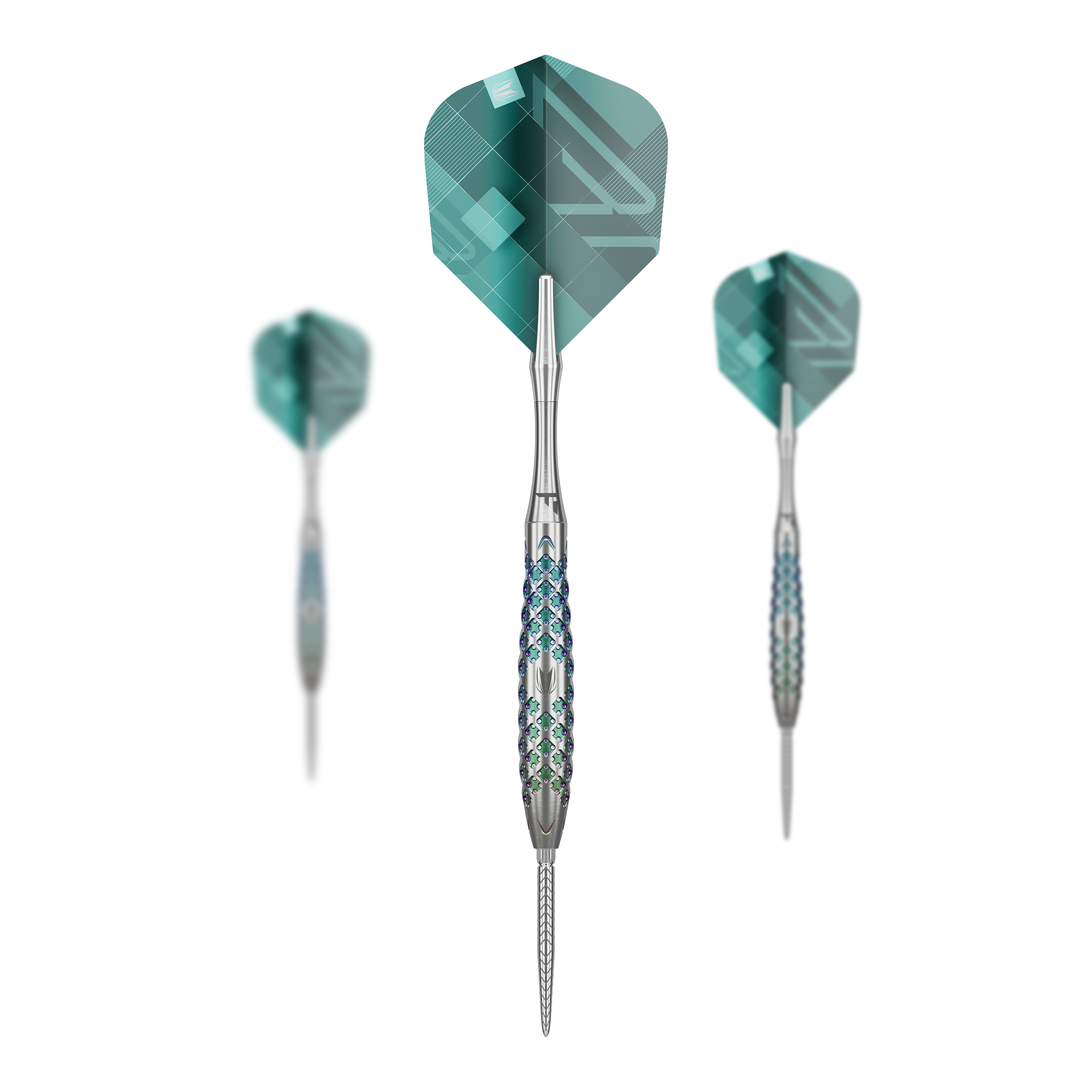Ocelové šipky Target Rove 02 Swiss Point Das Bild zeigt drei Steeldarts des Modells "Target Rove 02 Swiss Point". Die Darts haben silberne Barrels mit blauen Akzenten und grüne Flights mit geometrischem Muster.