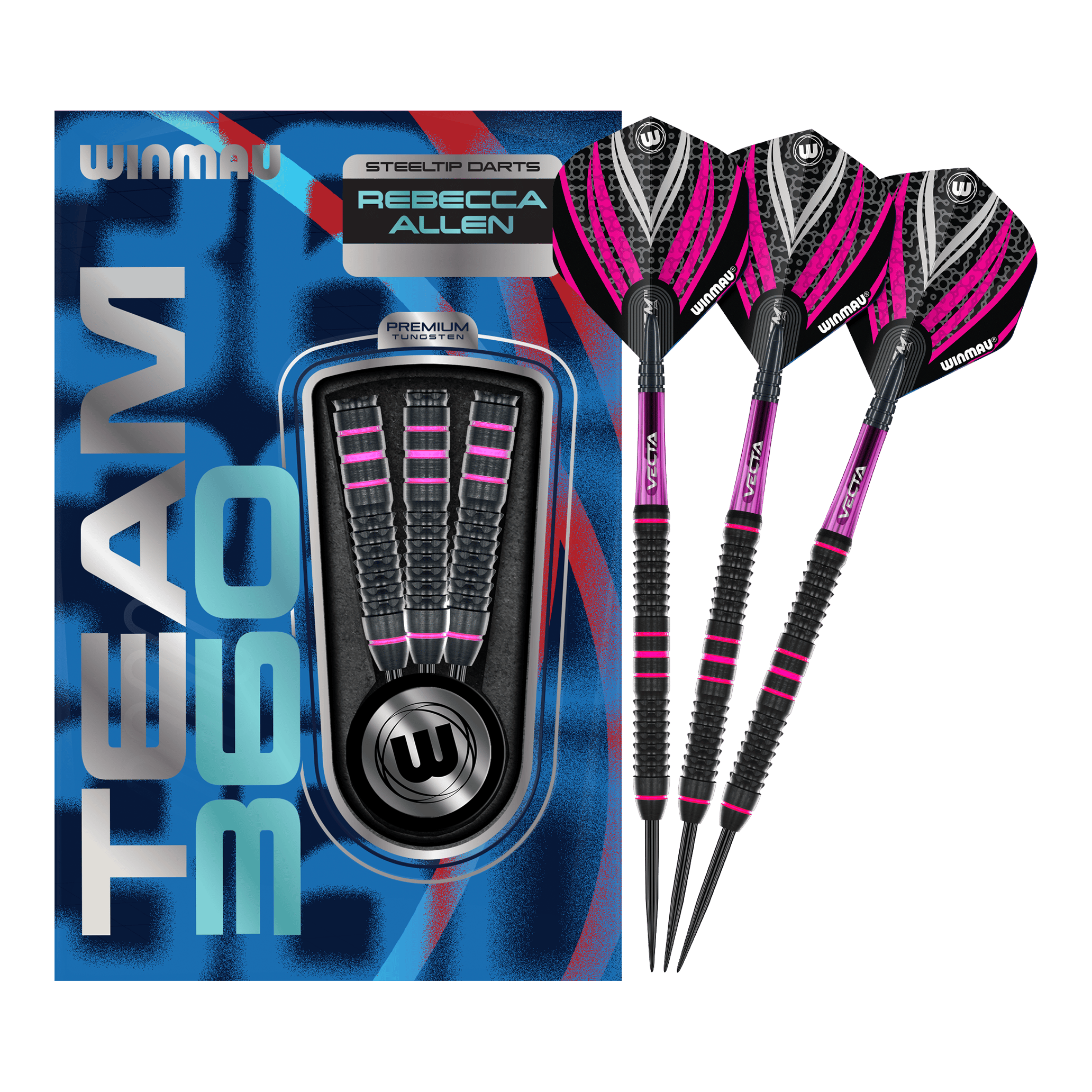 Diese Grafik zeigt die Winmau Team 360 Rebecca Allen Steeldarts - 24g in ihrer vollen Länge. Sie sind für ambitionierte Dartspielerinnen und Dartspieler geeignet.