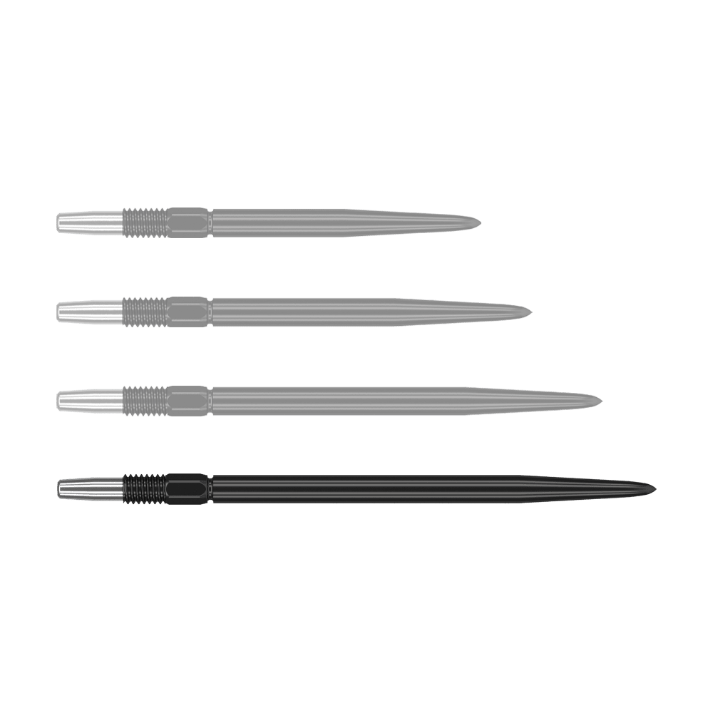 Zaměřte špičky šipek Swiss Point Black Das Bild zeigt vier schwarze Dartspitzen mit silbernem Gewinde. Sie sind nebeneinander ausgerichtet und identisch in Form und Größe.