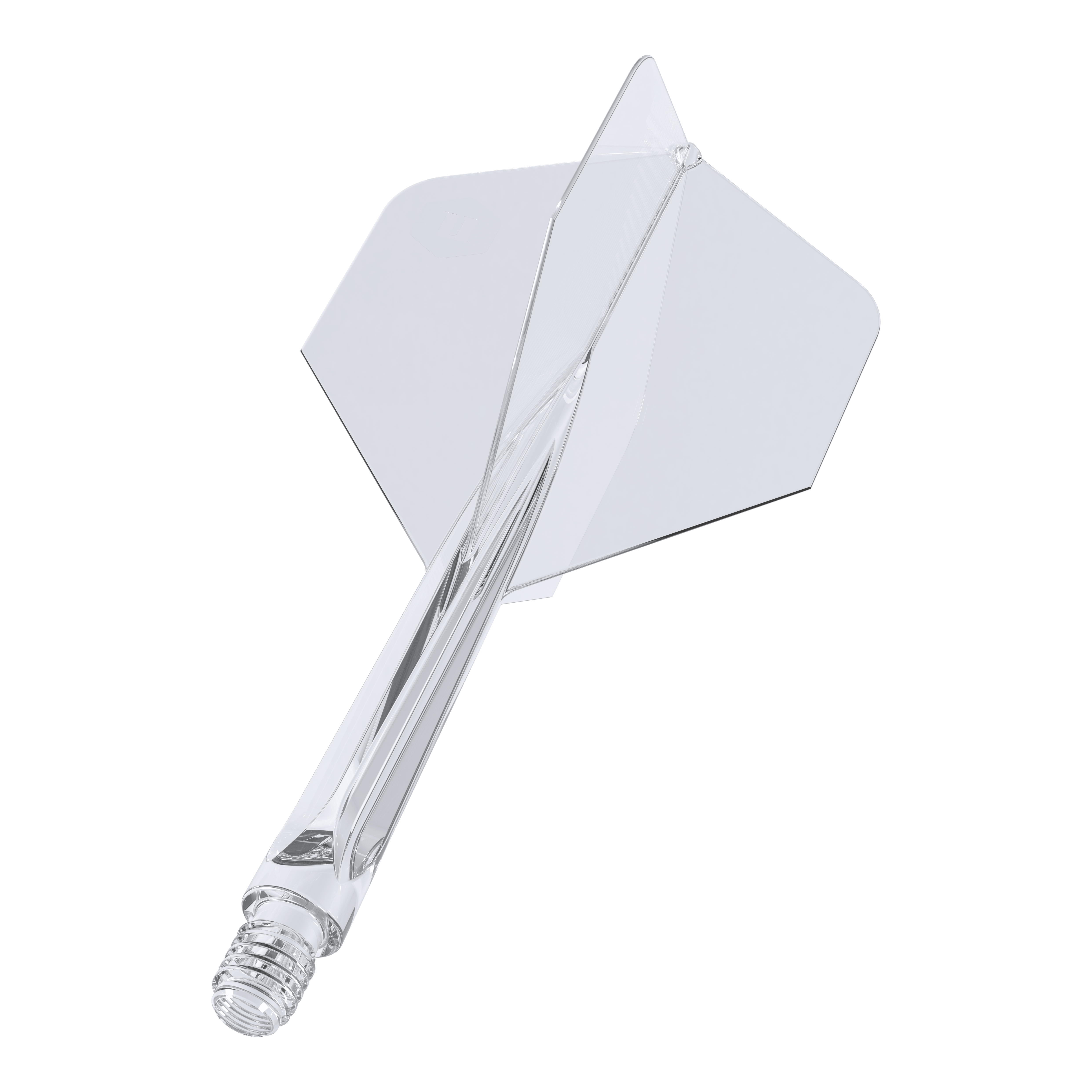 Unicorn Forge All In One Plus No2 Standard Flights čiré - střední Das Bild zeigt einen klaren, mittelgroßen Dartaufsatz des Modells "Unicorn Forge All In One Plus No2 Standard Flights". Die Flight- und Schaftteile sind transparent und bilden ein einteiliges Design.