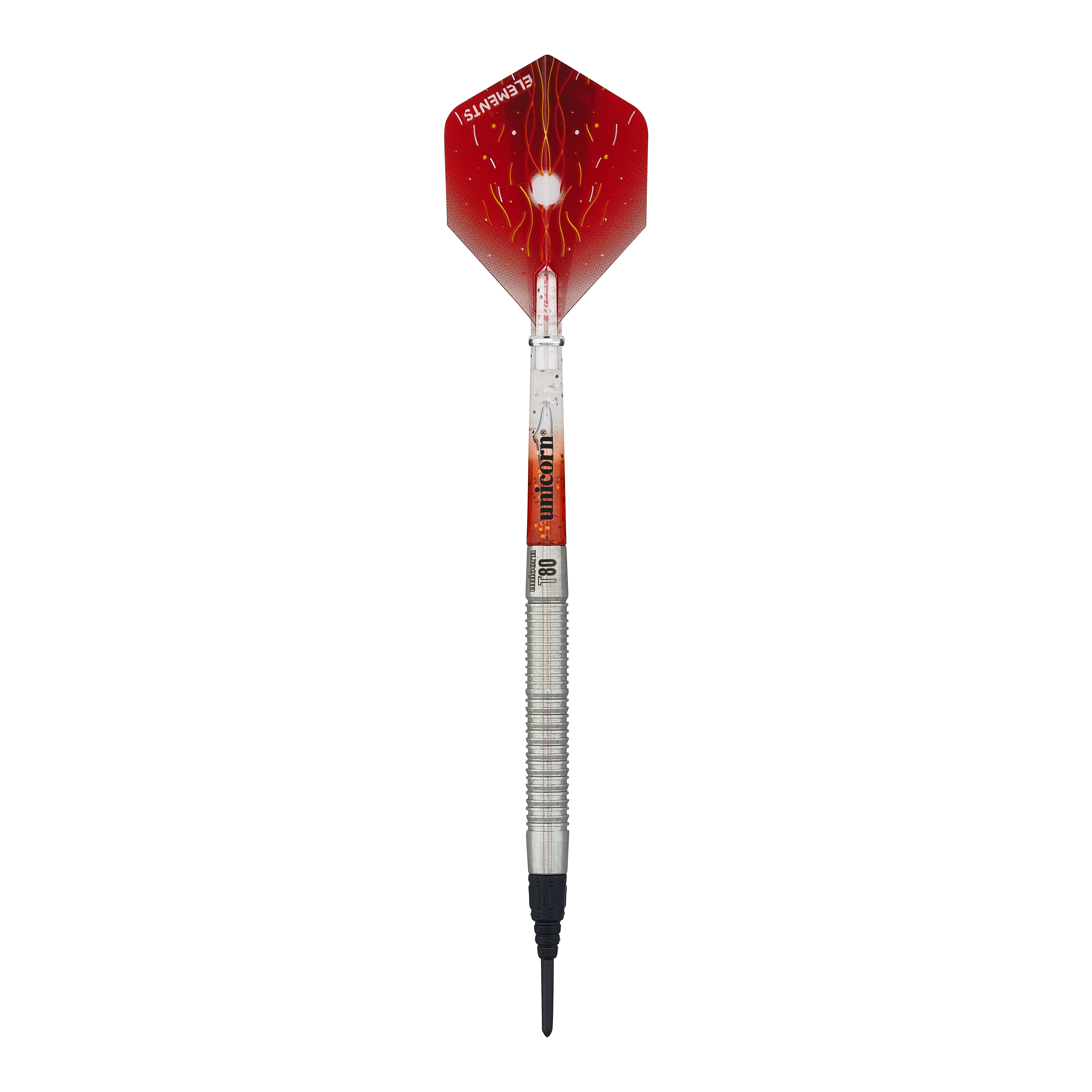 Unicorn Core XL Striker Style 1 Softdarts - 19g Auf dem Bild ist ein Softdart der Marke Unicorn Core XL Striker Style 1 mit einem Gewicht von 19g zu sehen. Die Flights sind rot mit einem weißen Muster, und der Schaft ist silbern.