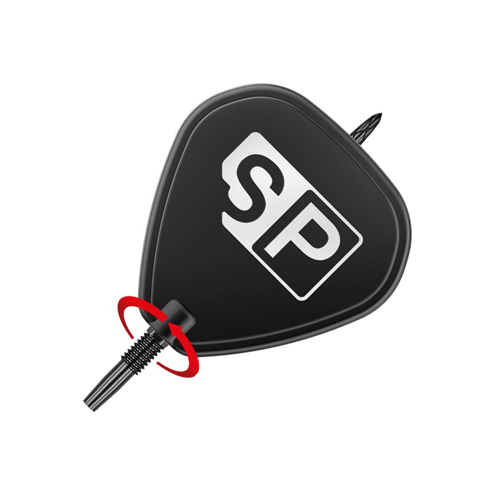 Target Swiss DS Surge Point Dart Tips – zlaté Das Bild zeigt eine schwarze Dartspitze mit der Aufschrift „SP“. Ein roter Pfeil deutet auf das Gewinde hin und zeigt, dass die Spitze eingeschraubt werden kann.