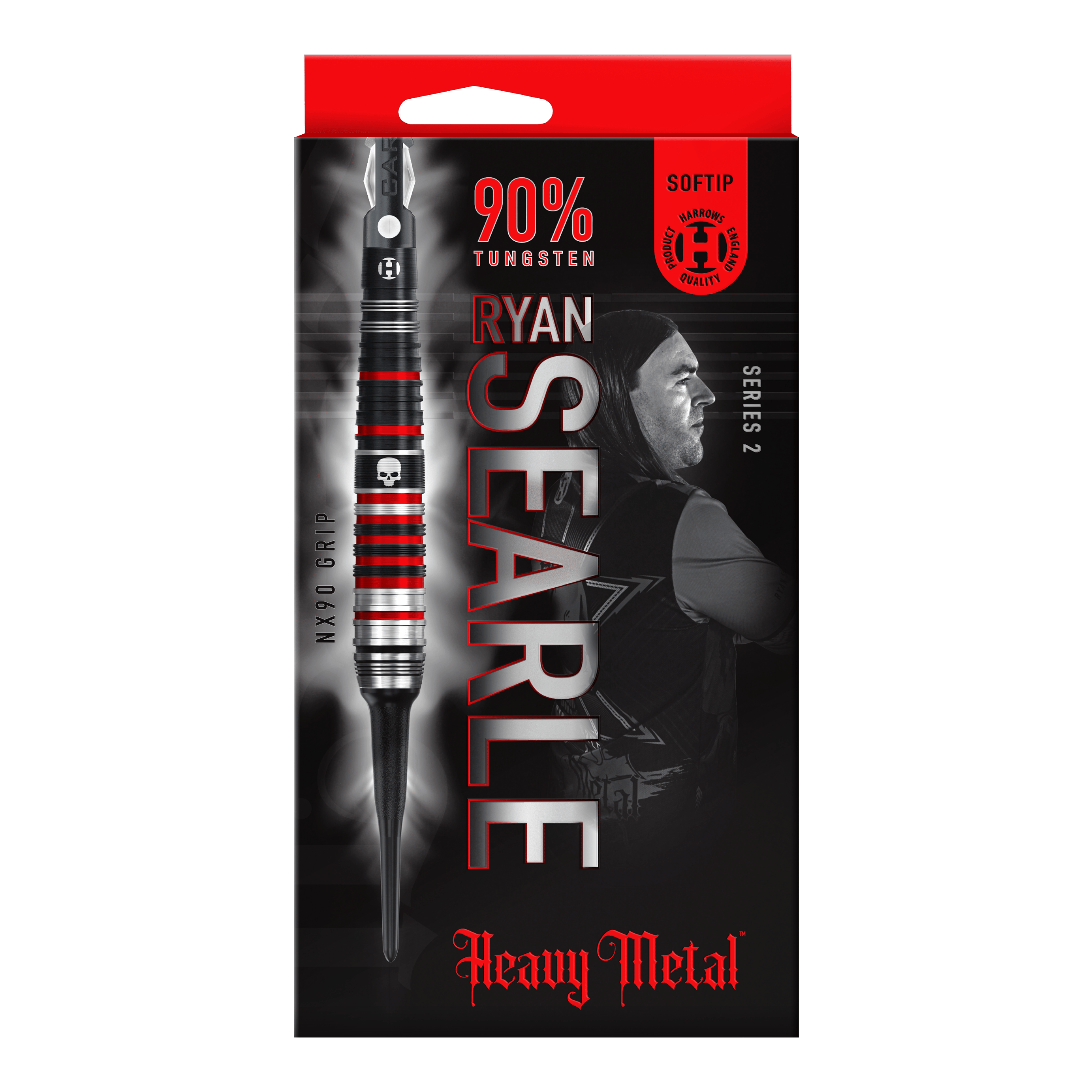 Auf dem Bild ist die Verpackung der "Harrows Ryan Searle Heavy Metal Series 2 Softdarts" zu sehen. Die Packung ist überwiegend schwarz mit roten Akzenten und zeigt einen Dartpfeil sowie das Bild eines Spielers.