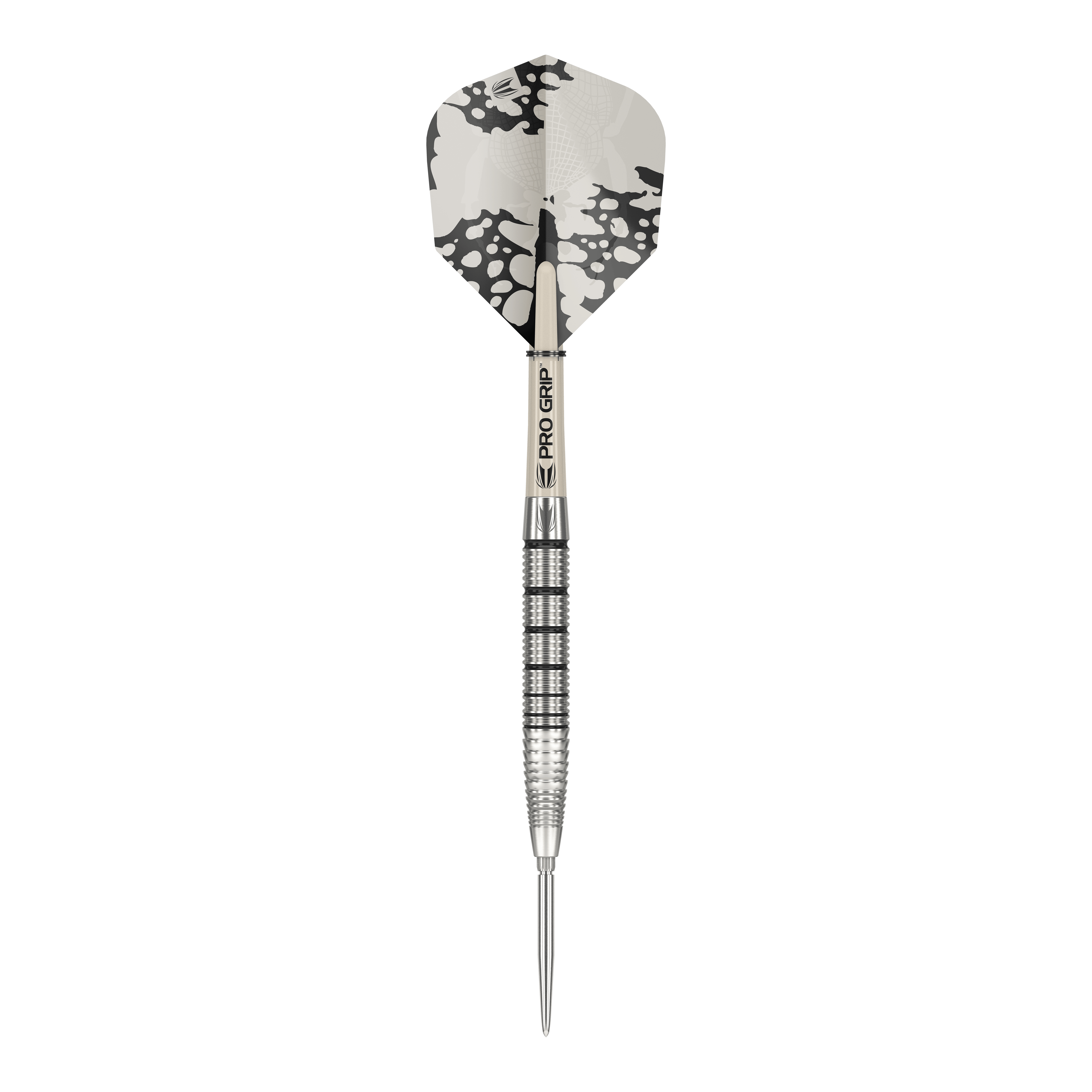 Ocelové šipky Target EXO SP02 Swiss Point Das Bild zeigt einen Target EXO SP02 Swiss Point Steeldart. Der Dartpfeil hat ein silbernes Griffstück mit schwarzen Rillen und eine schwarz-weiße Flight.