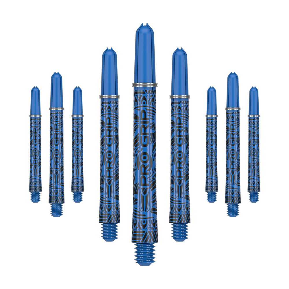 Das Bild zeigt neun blaue Dartschäfte mit schwarzem Muster und der Aufschrift "PRO GRIP". Sie sind in einer Reihe angeordnet, wobei die mittleren Schäfte am größten dargestellt werden.