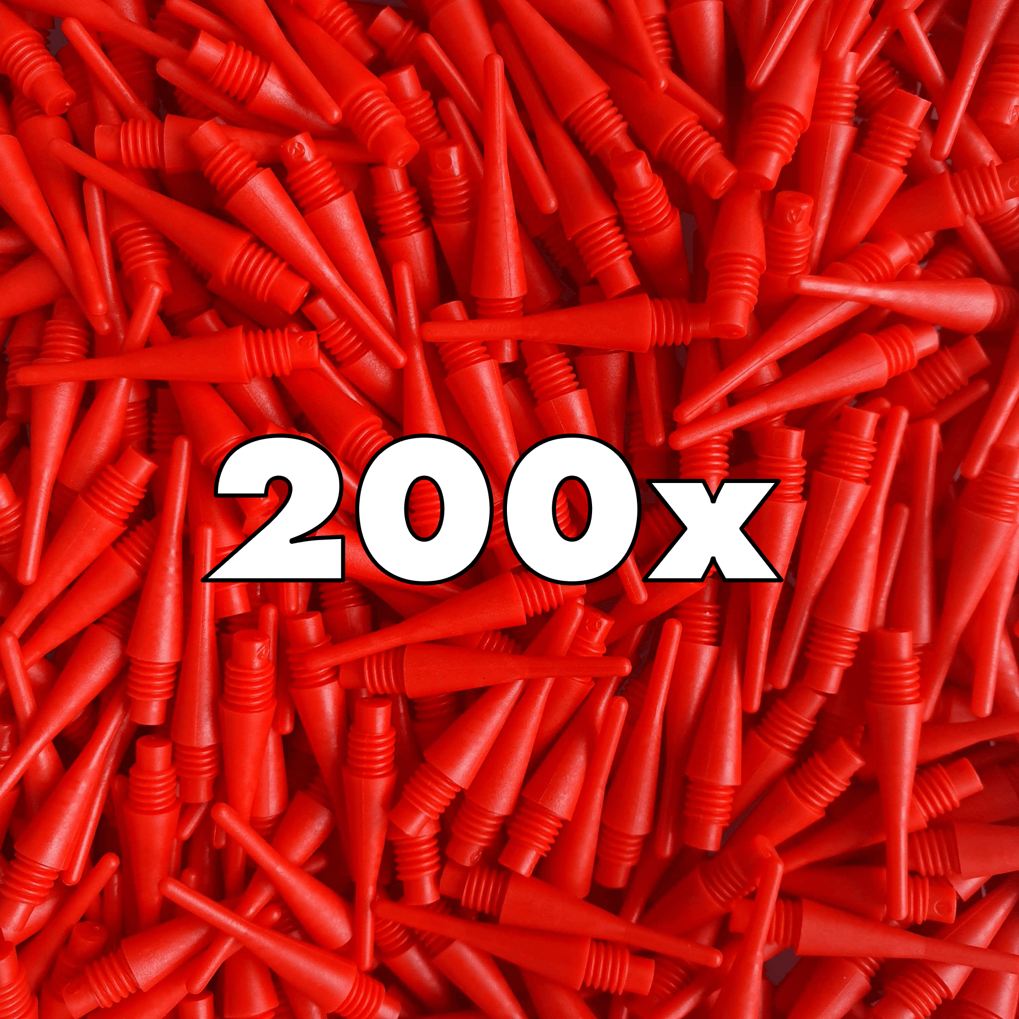 Das Bild zeigt viele rote Softdartspitzen. In der Mitte steht groß die Zahl "200x".