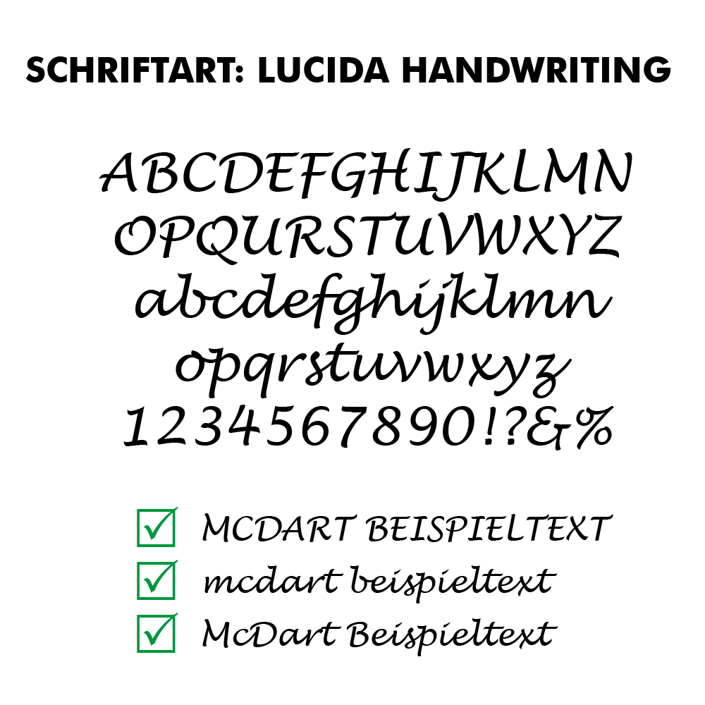 Flightdruck_Schriftart_LucidaHandwritingThHT3MMXEEFib Das Bild zeigt verschiedene Buchstaben, Zahlen und Satzzeichen in der Schriftart "Lucida Handwriting". Unten sind Beispielsätze in dieser Schriftart mit grünen Häkchen dargestellt.