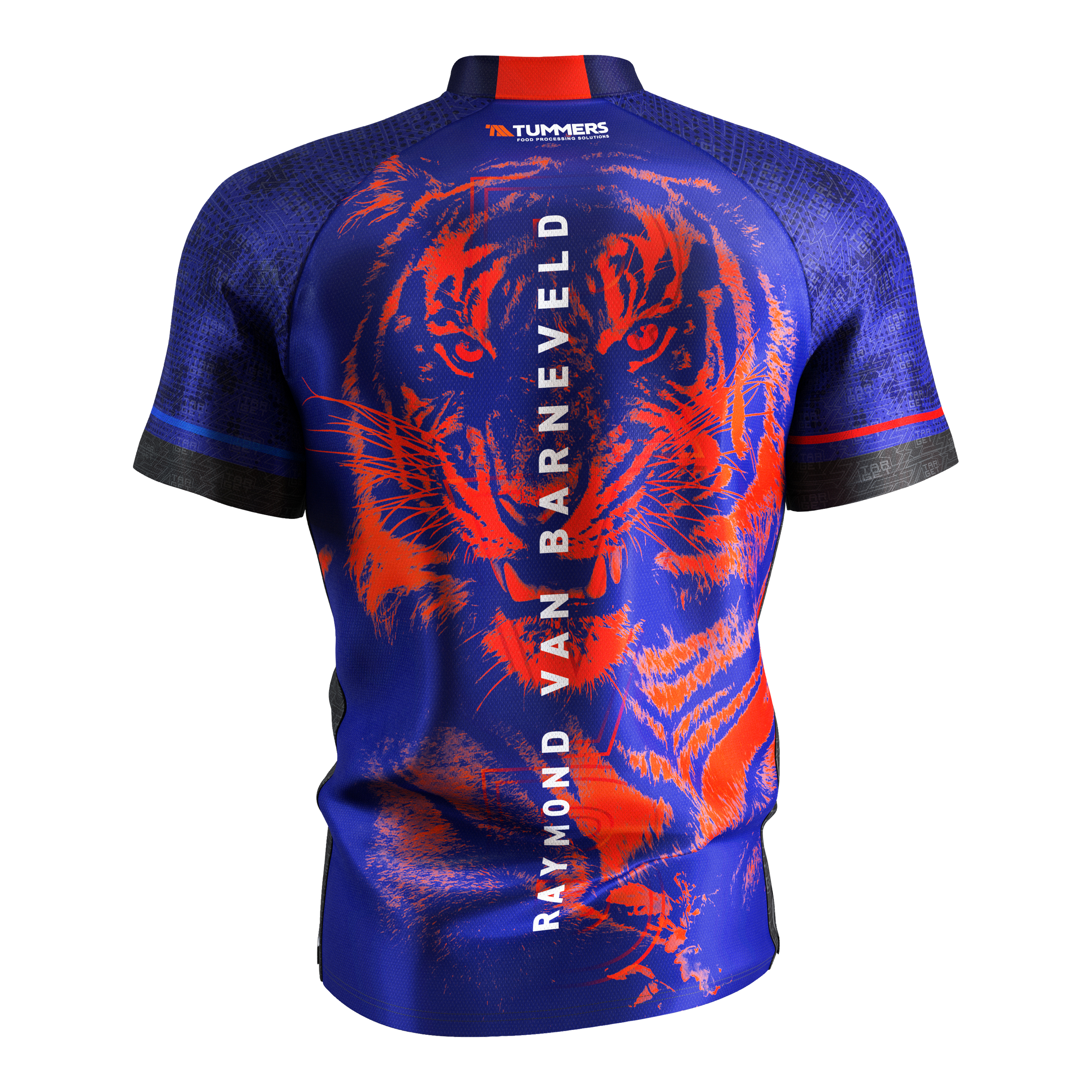 Šipková košile Target Coolplay Raymond Van Barneveld 2025 Das Bild zeigt das Target Coolplay Raymond Van Barneveld 2025 Dartshirt von hinten. Auf dem blauen Shirt ist ein auffälliger roter Tiger sowie der Name "Raymond Van Barneveld" vertikal zu sehen.