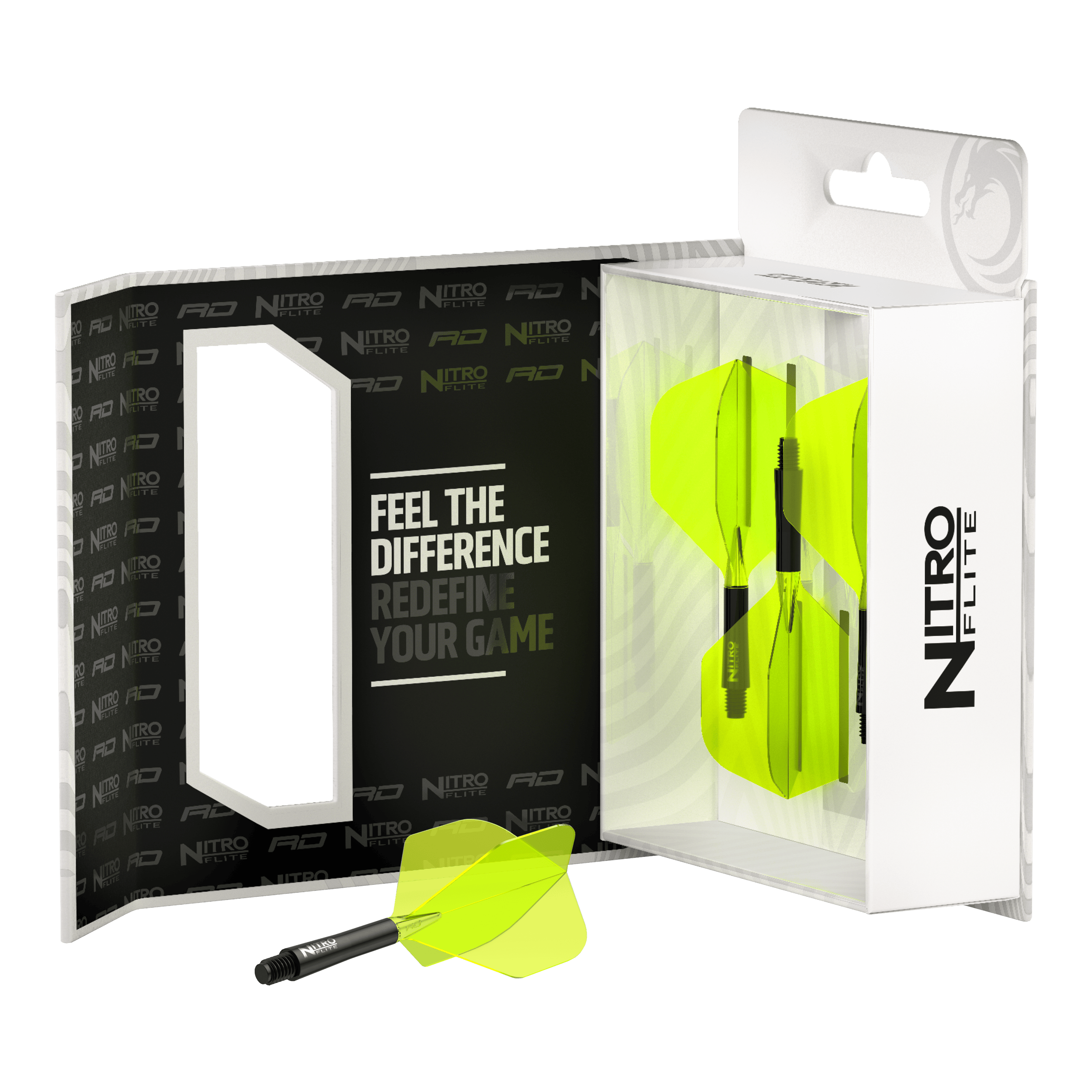 Das Bild zeigt das Produkt "Red Dragon Nitroflite - Black Shaft Yellow No2 Flights" in seiner Verpackung. Die Dartflights sind gelb und haben schwarze Schäfte.