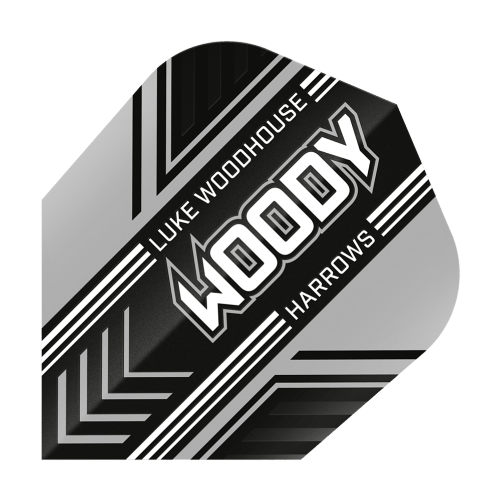 Harrows Prime Luke Woodhouse Woody No6 Lety Das Bild zeigt ein Dartflight mit dem Namen "Harrows Prime Luke Woodhouse Woody No6". Das Design ist schwarz, weiß und silber mit dem Schriftzug "WOODY" in der Mitte.