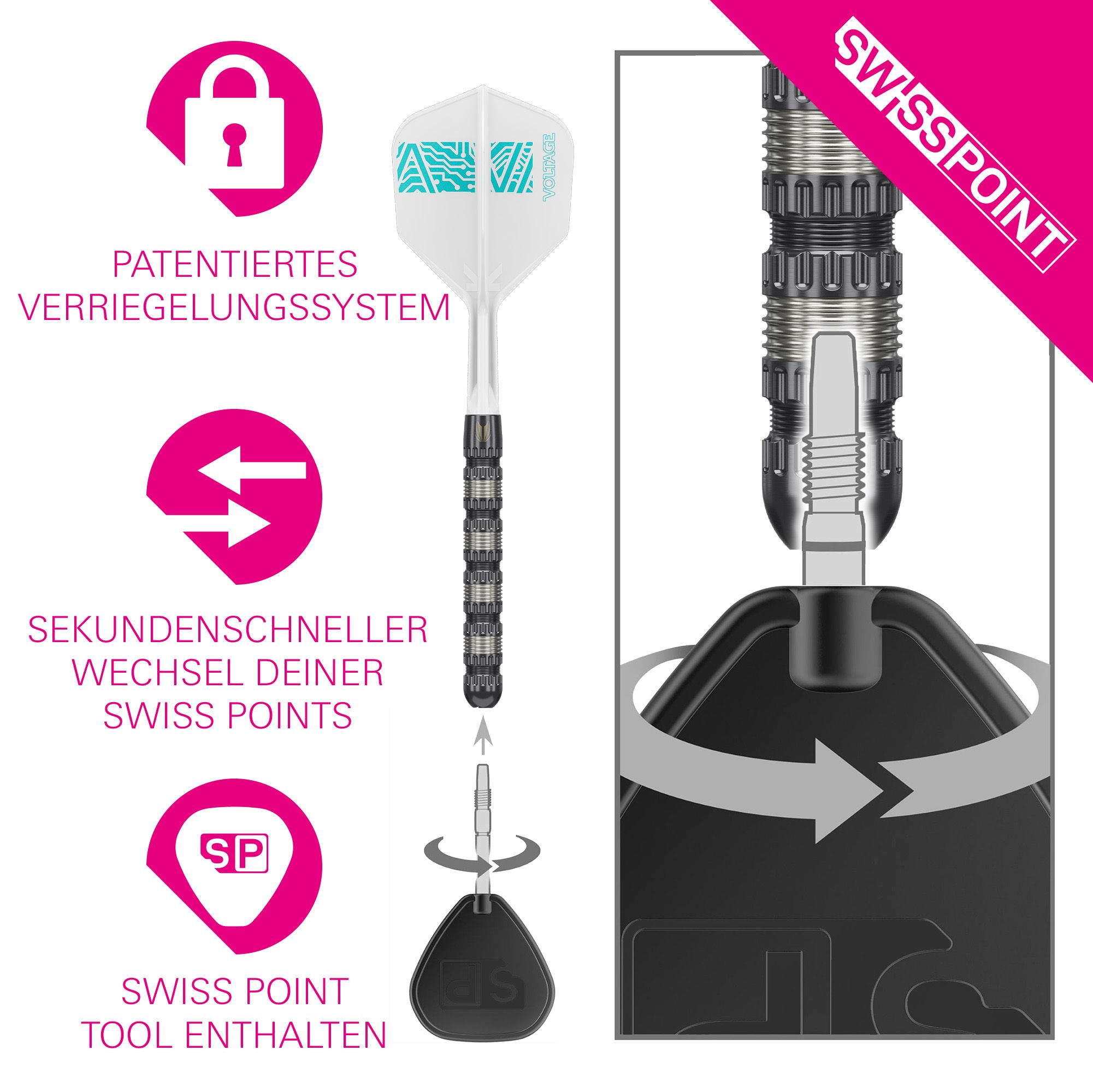 Šipky Target Rob Cross 95K Swiss Point Steel Das Bild zeigt den Target Rob Cross 95K Swiss Point Steeldart mit einem speziellen Wechselsystem für die Spitzen. Es hebt das patentierte Verriegelungssystem hervor, mit dem die Swiss Points in Sekundenschnelle ausgetauscht werden können.