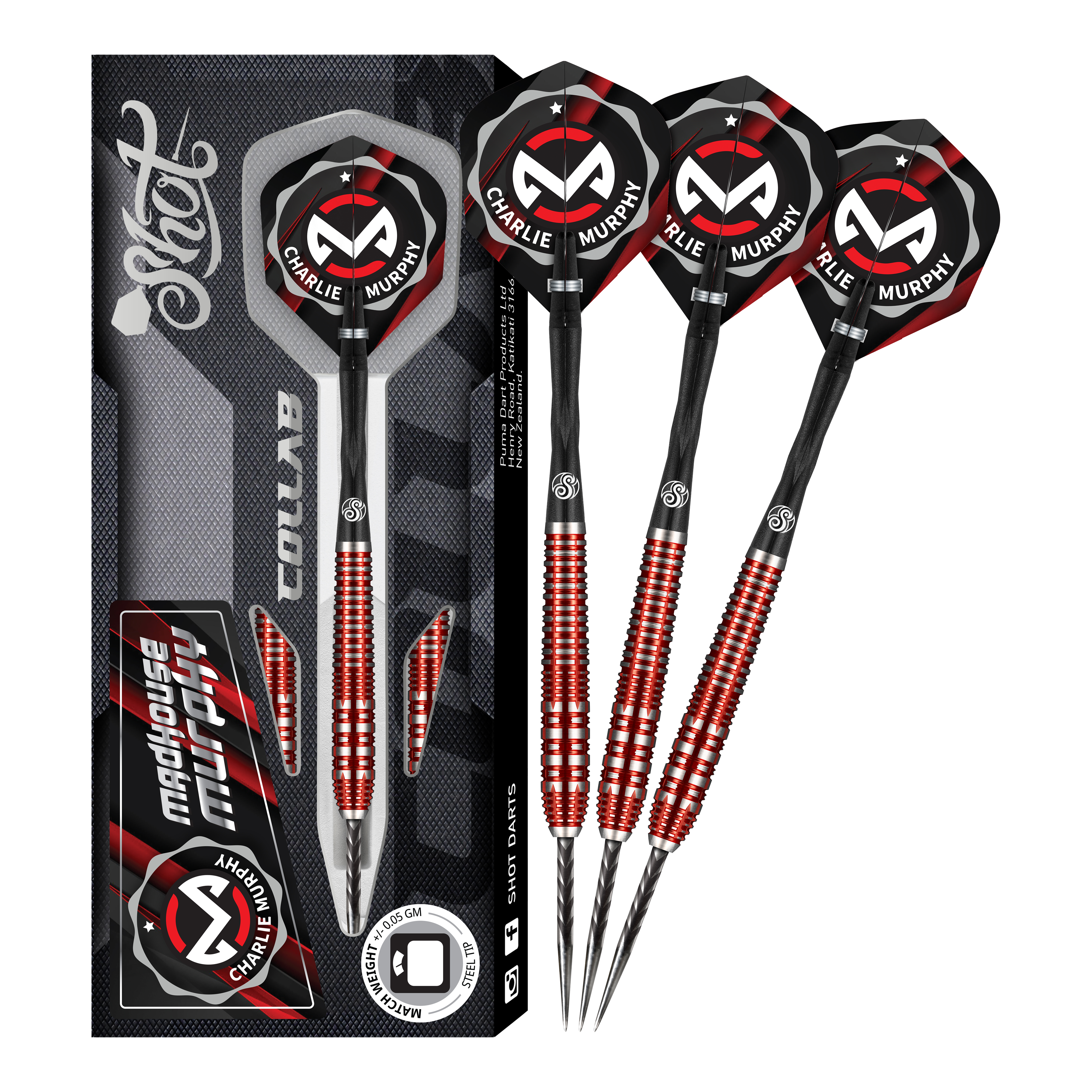 Das Bild zeigt die Shot Collab Pro Series Charlie Murphie Steeldarts mit einem Gewicht von 23g. Die Darts haben ein auffälliges Design mit rot-schwarzen Details und werden in einer passenden Verpackung präsentiert.