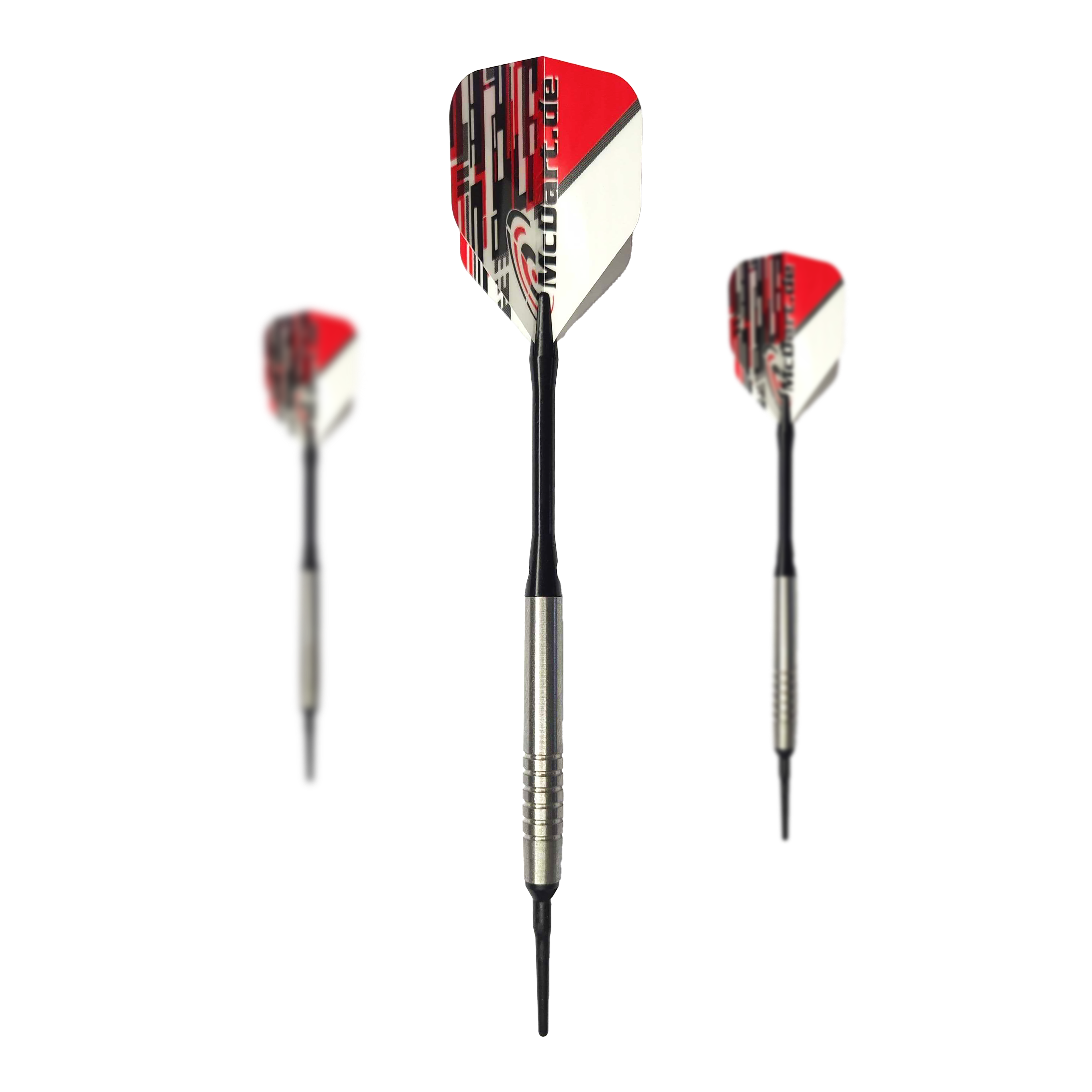 Šipky McDart 85 Tungsten V14 Soft - 17g Das Bild zeigt drei Softdarts des Modells "McDart 85er Tungsten V14" mit einem Gewicht von 17g. Die Darts haben silberne Barrels und Flights in Rot, Weiß und Schwarz.