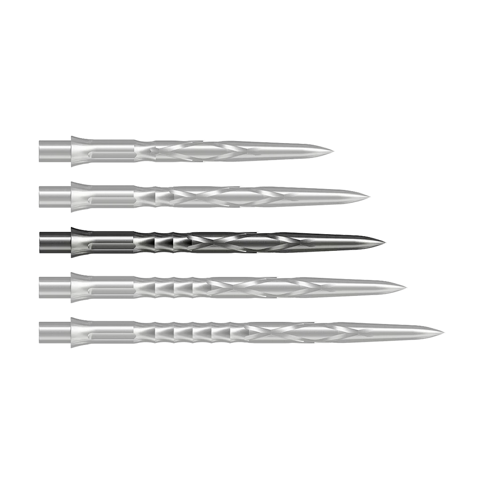 Ocelové hroty na šipky Caliburn System - HAN G2 - Stříbrné Auf dem Bild sind drei silberne Steeldartspitzen zu sehen. Sie liegen nebeneinander und haben eine strukturierte Oberfläche.
